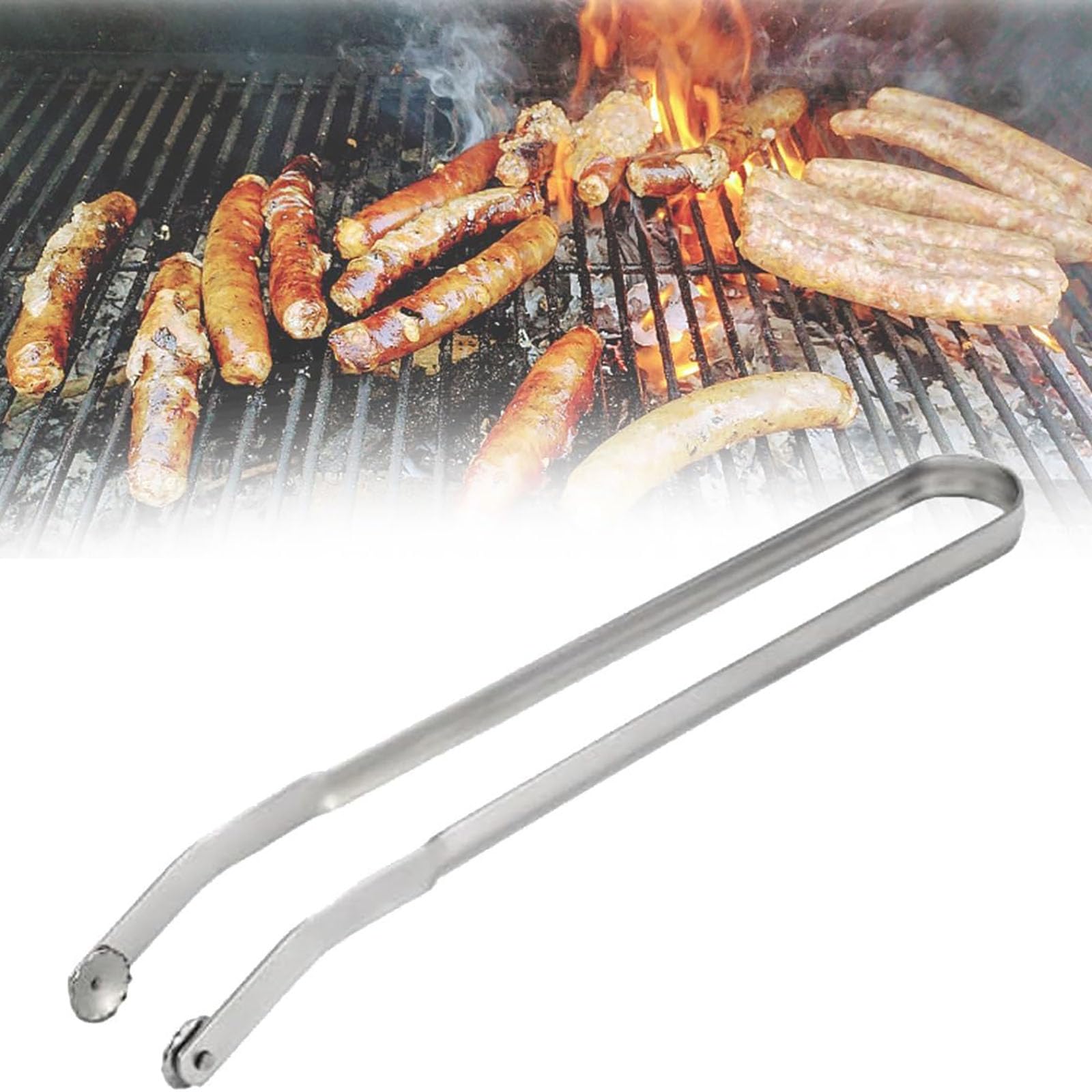 BBQ Sausage Turning Tongs for Cooking, Stainless Steel Kitchen Cooking Tongs, Multipurpose Hot Dog Tongs, Long Handle Kitchen Tongs for Turning Bacon Steak Meat Vegetables (1)