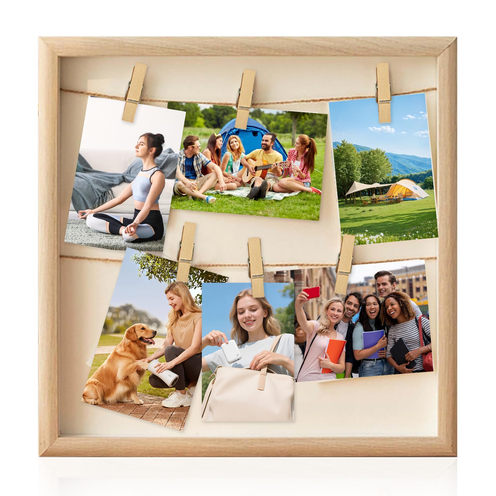 12×12'' Picture Frame, Multi Aperture Collage Photo Frame Family Photo Frames Oak Picture Frames with ropes and clips for Displaying Cherished Moments