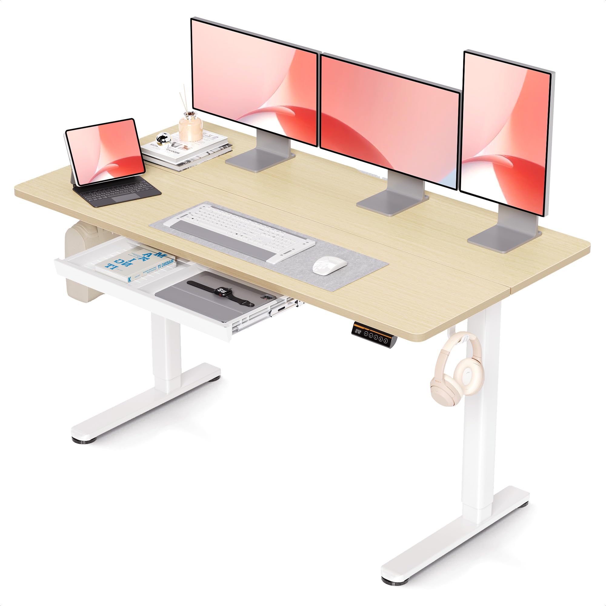 Claiks Höhenverstellbarer Schreibtisch 140x60cm mit Schublade, 80kg Tragkraft Elektrisch Schreibtisch Höhenverstellbar mit 3-Funktions-Memory und 2 Kopfhörerhaken, Standing Desk with Drawer, Beige