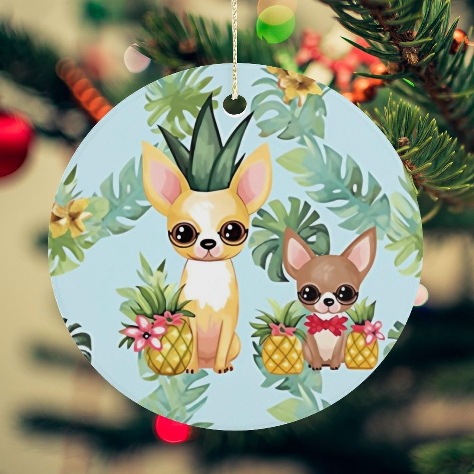 Chihuahua Dog Pineapple Christmas Ornament for Christmas Tree Ceramic Round Ornament Winter Holiday Keepsake Gift 2.7" Christmas Tree Hanging Decorations Circle Ceramic Pendant Xmas Gift