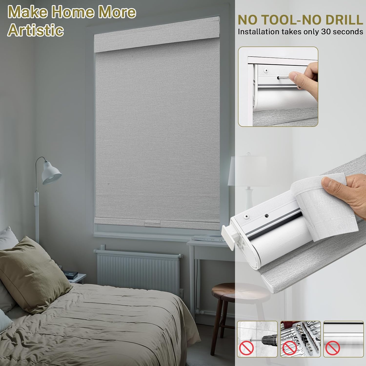 No Drill No Tools Cordless Roller Blinds for Windows 100% Blackout Roller Shades Valance Jacquard Linen Fabric Light Blocking Room Darkening Blinds for Home,Office,White Grey,64 1/2" W×48" H