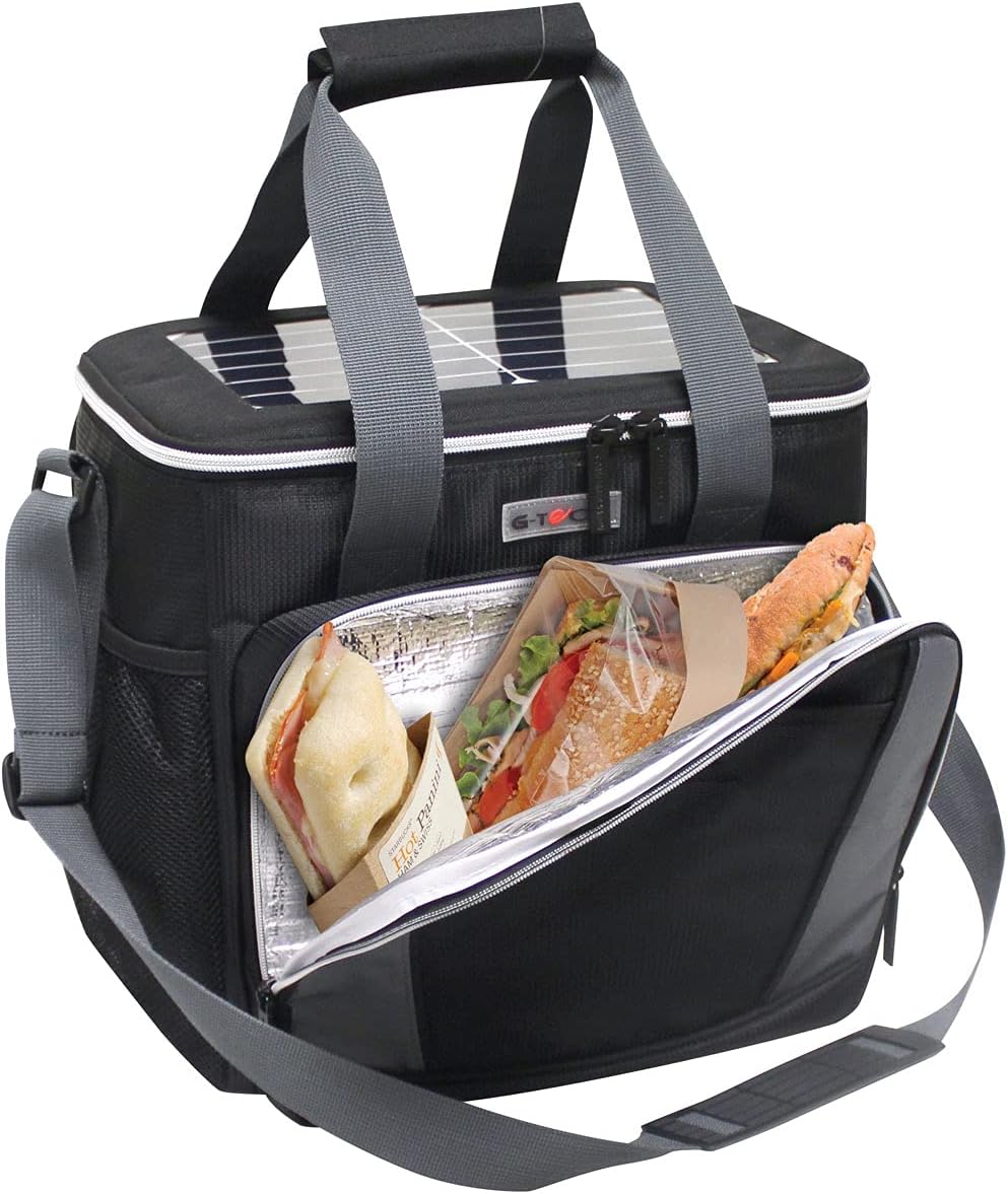 Preferred Nation Solar Cooler with USB Charging System, Collapsible 36 can Cooler Bag Removable Plastic Leak-Proof Lining and foil Lined Front Pocket for hot & Cold.