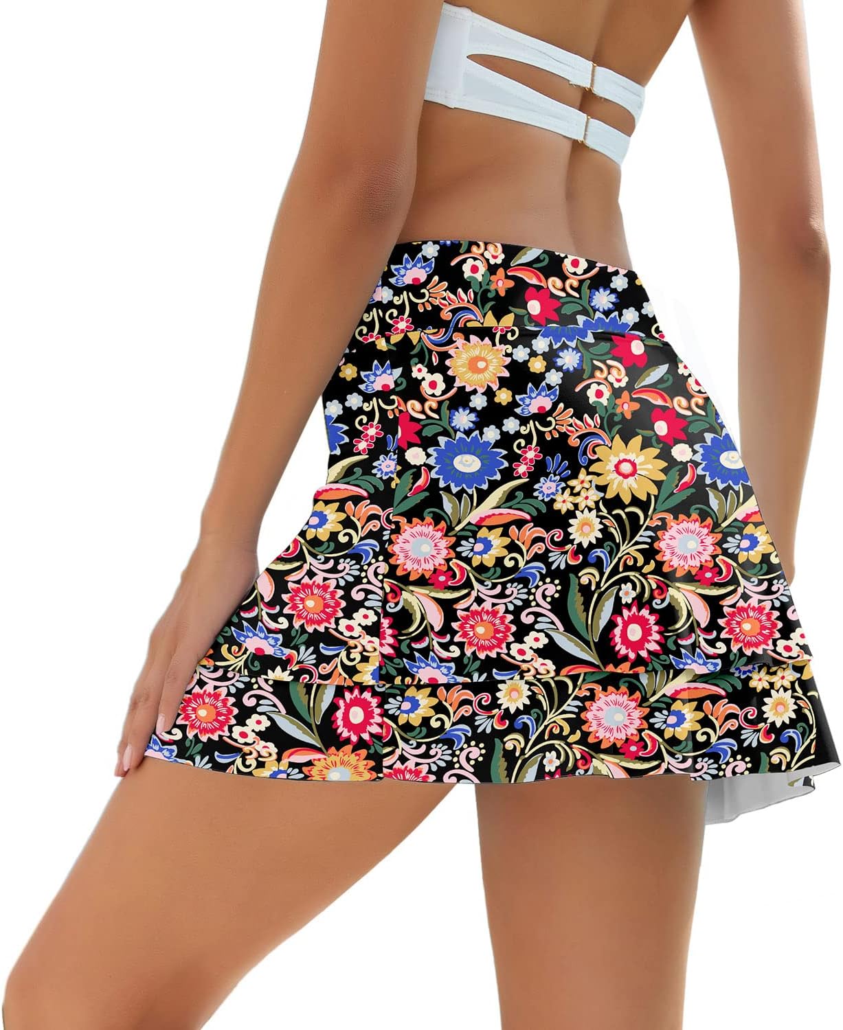 WOWENY Swim Skirt for Women 2 Layered Ruffled Flowy Floral High Waisted Swimsuit Built-in Swim Bikini Bottoms