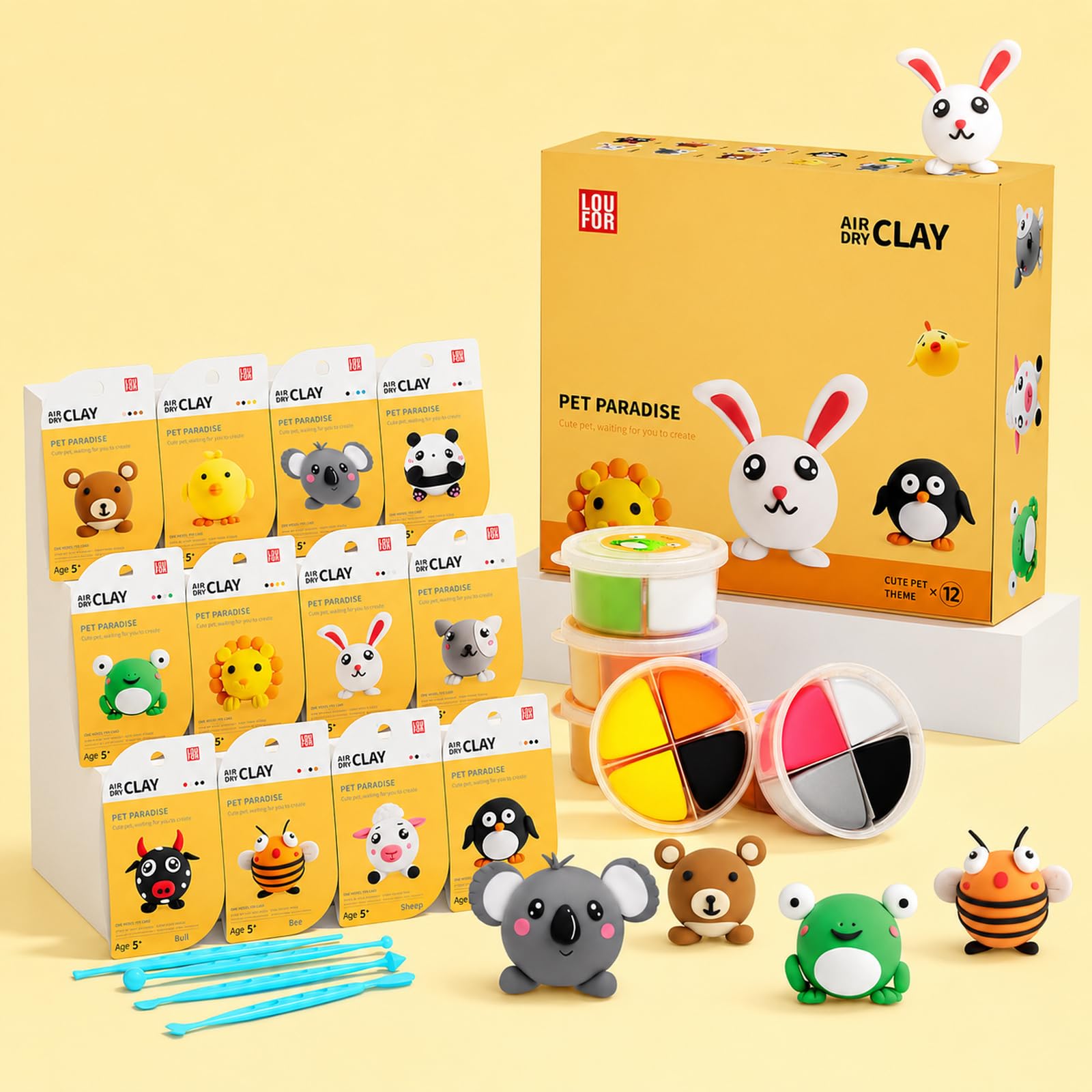 Air Dry Clay Kit -12 Animals Modeling Clay for Kids Arts and Crafts | Ultra Light & Soft,Safe & Non-Toxic,No-Sticky & Crack,DIY Molding Clay with Sculpting Tools,Party Favors Gifts for Girls Boys