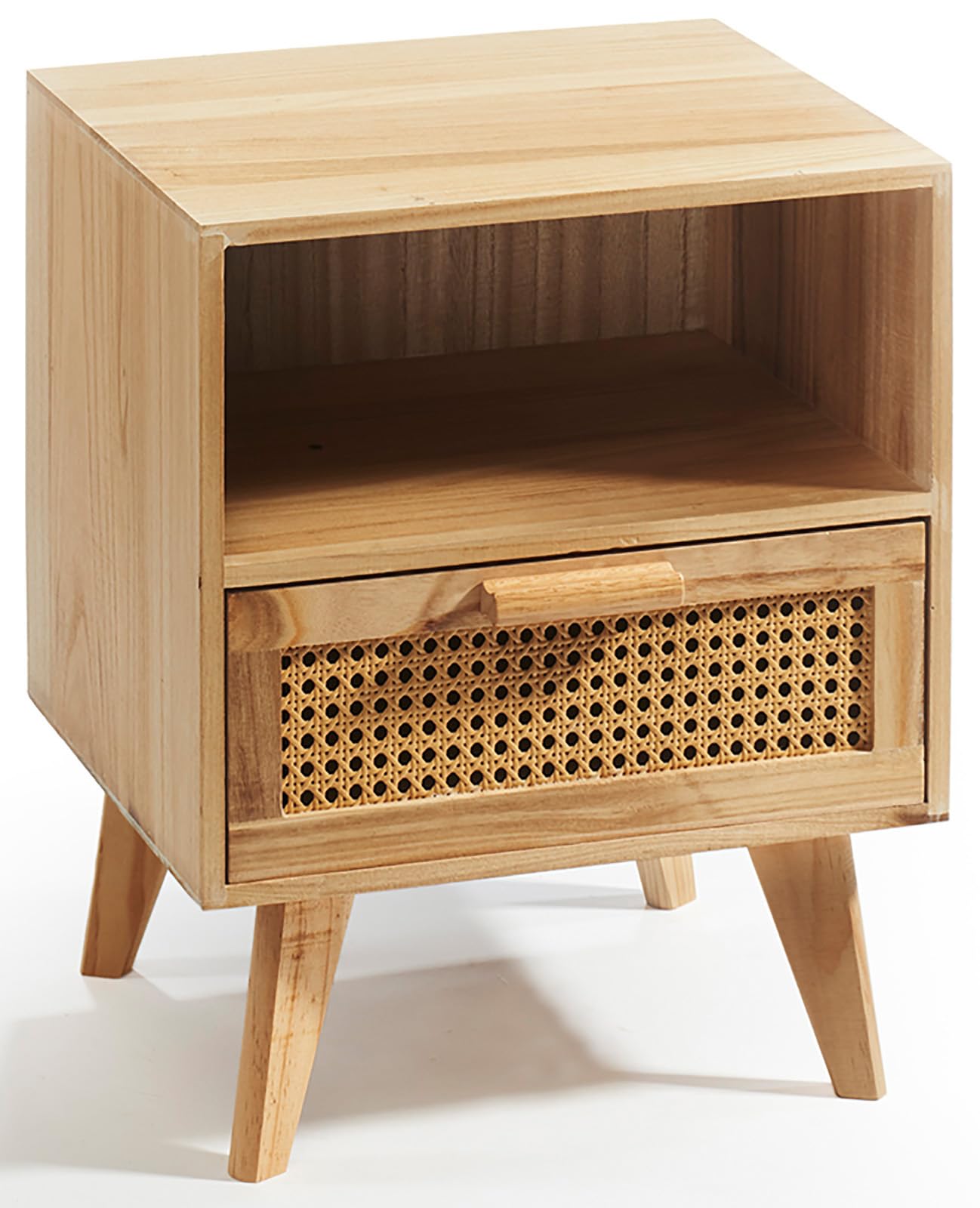 Kobolo Nachttisch Holz braun | 40x35x50 cm | Kleiner Nachtschrank mit Schublade & Fach | Kommode im Boho Vintage Look | Beistelltisch fürs Schlafzimmer Wohnzimmer Flur Wiener Geflecht