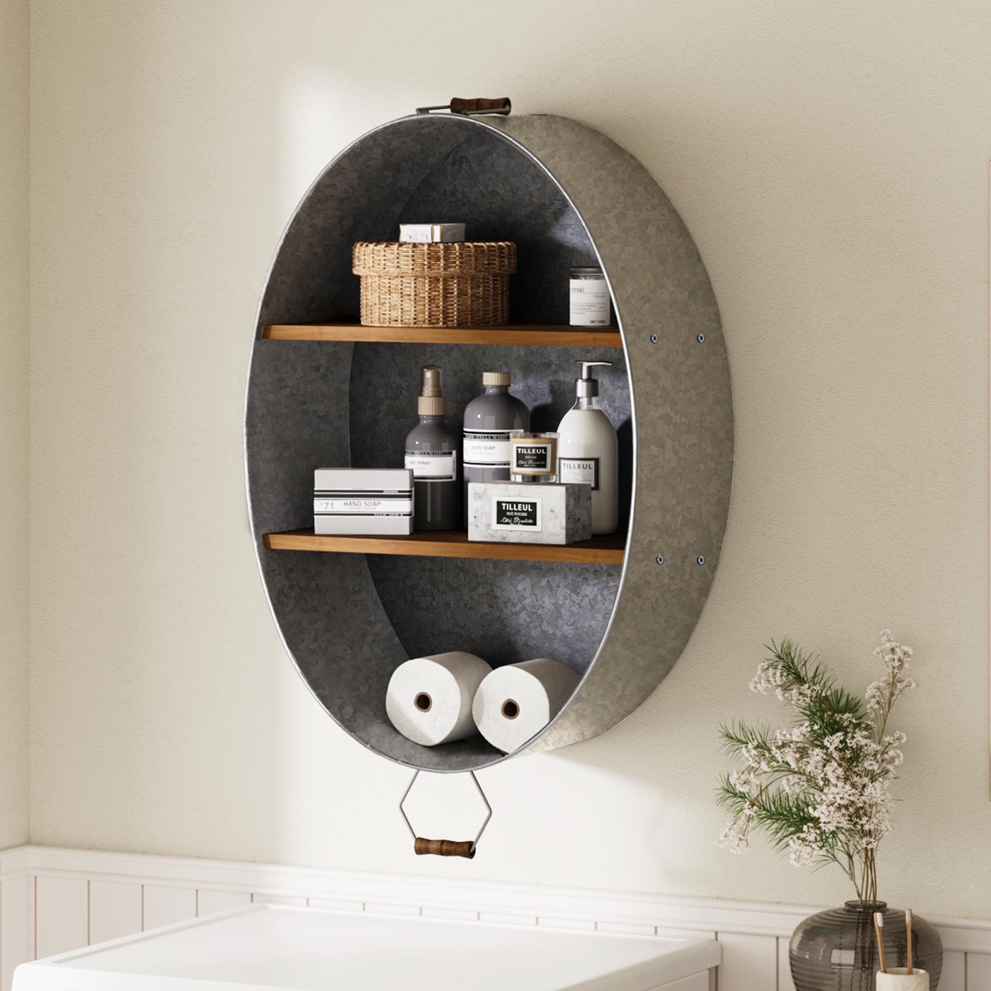 Oakrain Mensola Da Parete Per Bagno – Vasca Zincata 2 Livelli, Legno Noce, Porta Asciugamani Rustico, 55x36x13 Cm