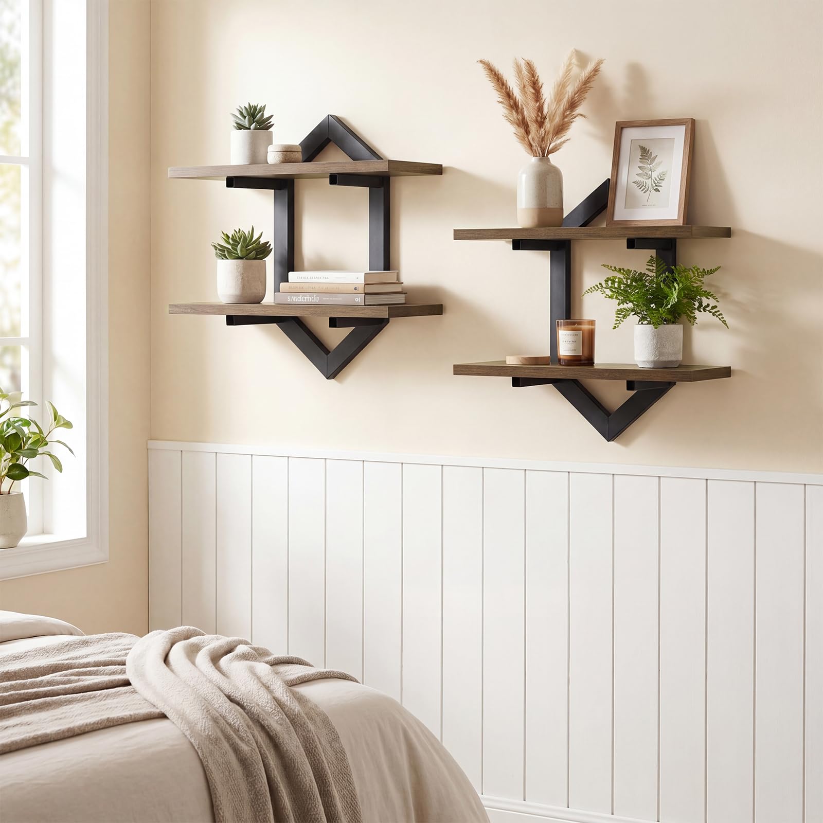 2er-Set Wandregal aus Holz und Metall, Schweberegal im Rauten-Design, Deko Regal für Wände, Vintage Hängeregal für Wohnzimmer, Schlafzimmer, Küche & Büro