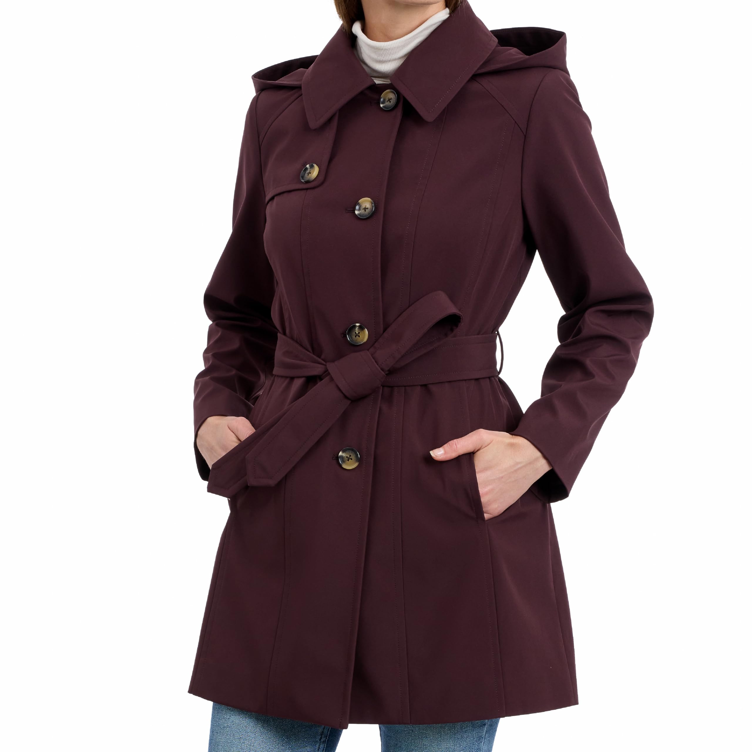Michael Kors Women's Trench Coat Style Raincoat with Detachable Hood, Red, L