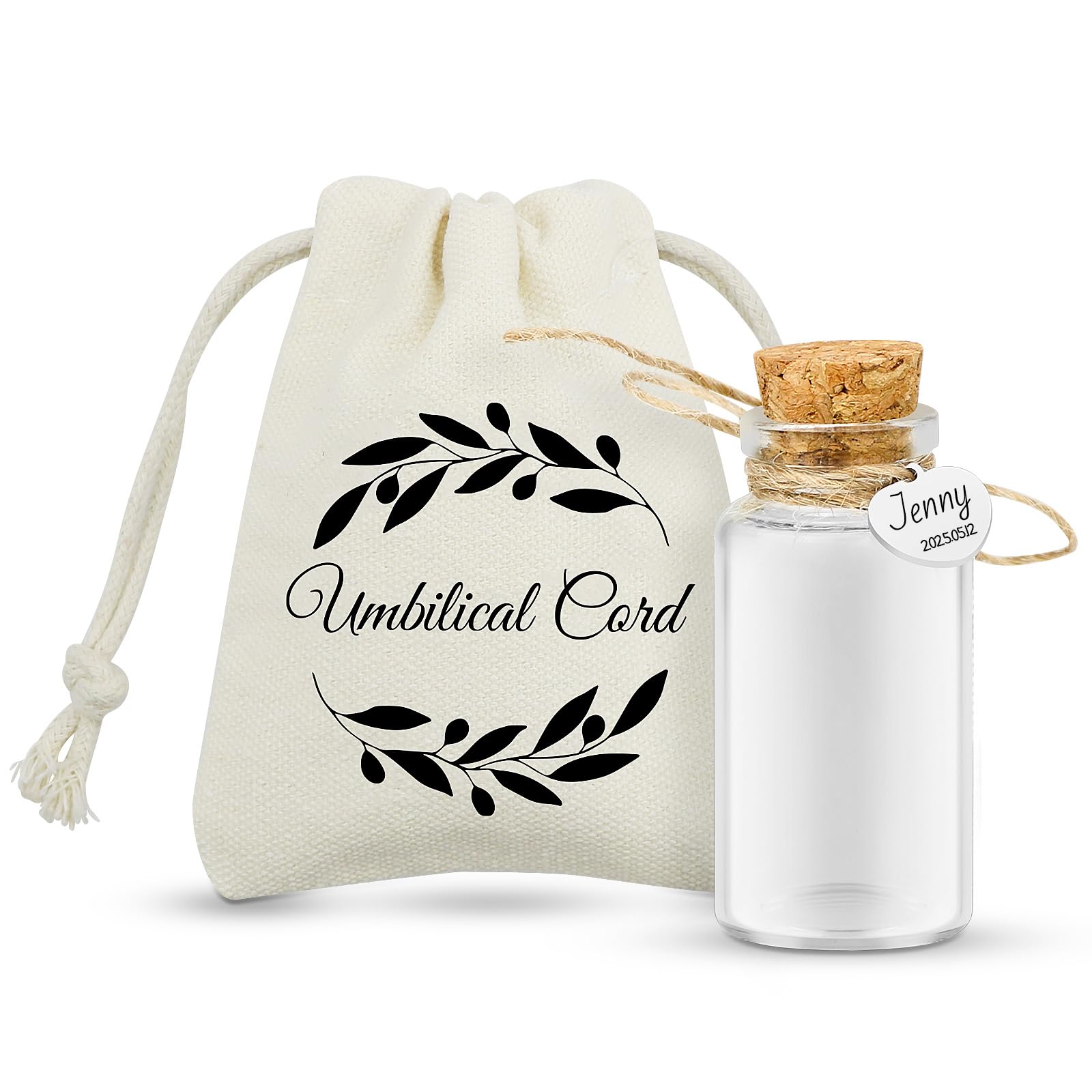 Umbilical Cord Keepsake Glass Bottle with Cork, Jar for Umbilical Cord/fetal Hair Storage and Memorial, Gift for Newborn Christening Baby Shower, Comes with Gift Bag (Custom Made)