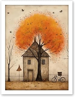 Artery8 Country House Autumn Tree Oil Painting Orange Brown Bicycle on Fence Rural Life Artwork Framed Wall Art Print 18X24 Inch