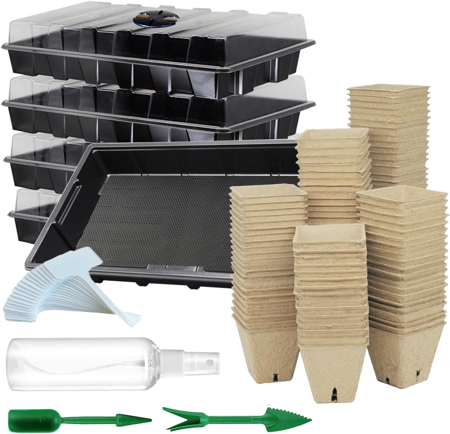 Seed Starter Kit with 100 Peat Pots for Seedlings Seed Starter Tray, 5 Plastic Growing Trays with Water Strainer 20 Plant Labels & 2 Garden Tools Outdoor or Indoor