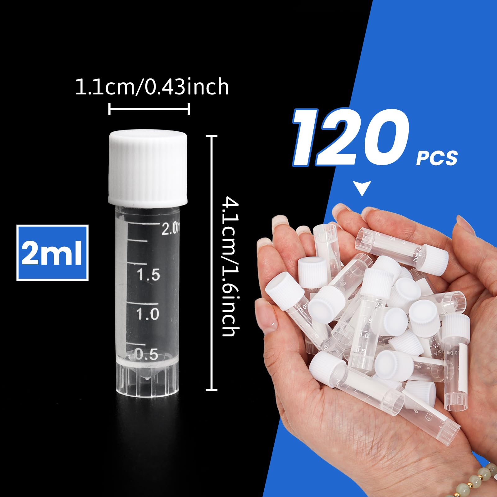 HAPY SHOP 120pcs 2 ml Plastic Vials Lab Plastic Frozen Test Tubes Graduated Plastic Cryovial Cryogenic Vial Tube Self Standing with Cap for Laboratory School Educational