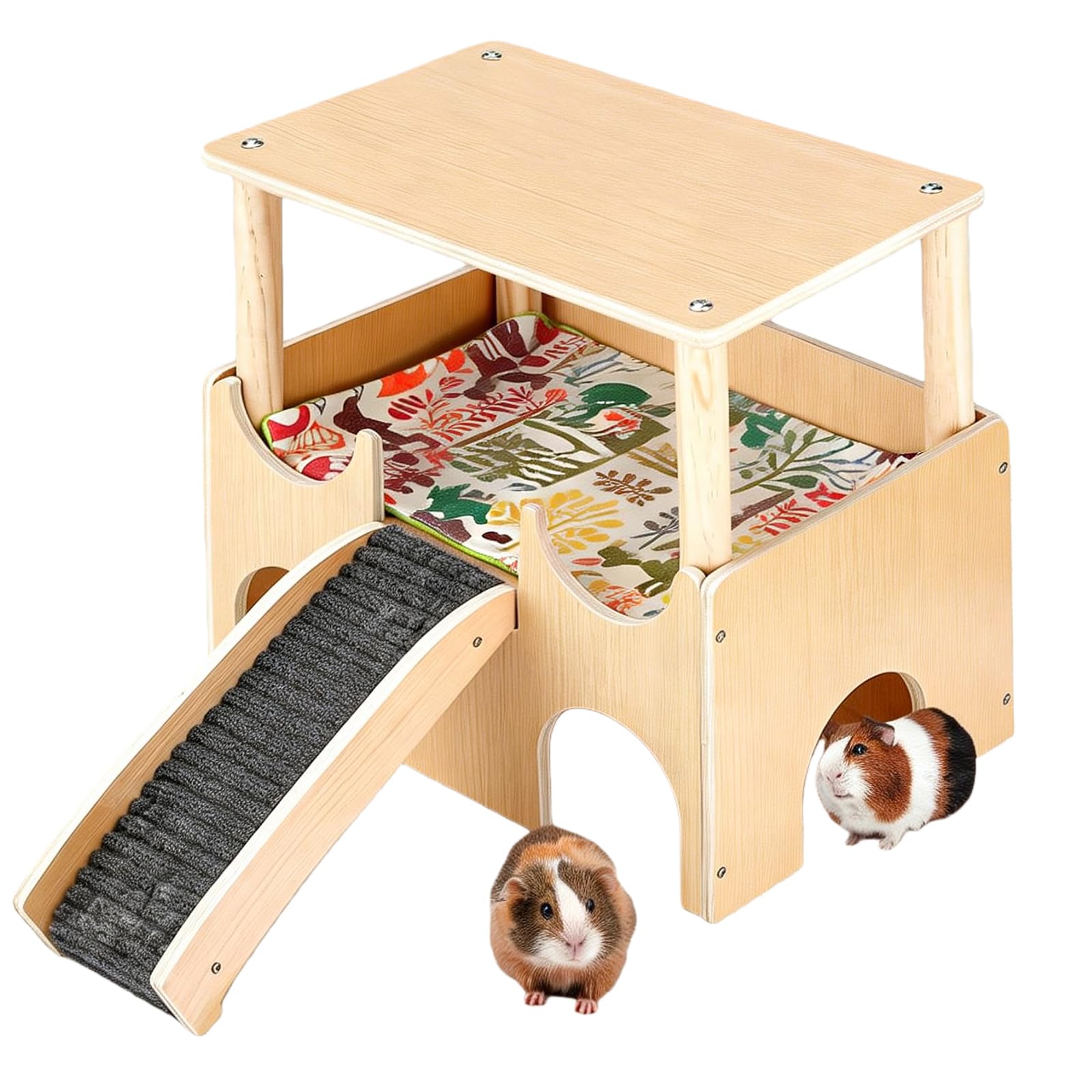 Cachette pour cochon d'Inde à plusieurs étages - Lit en bois avec escalier et tapis - Maison en bois pour hamster - Maison amovible à plusieurs chambres - Pour lapin, chinchilla Habitat (jaune)