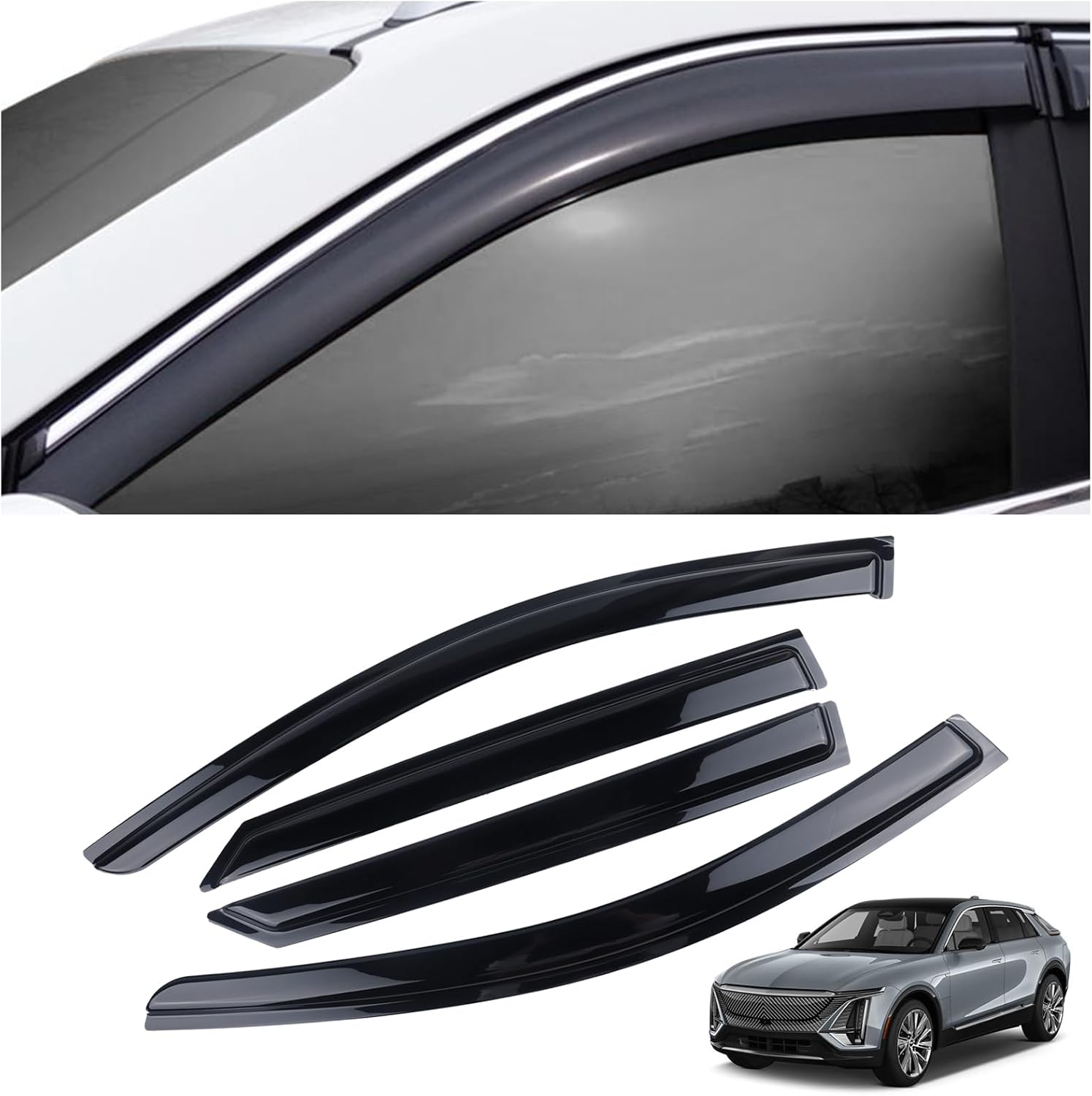 4 Pieces Tape-on Extra Durable Rain Guards Fit for 2023-2025 Cadillac Lyriq,Window Deflectors,Window Visors (Smoke Black)