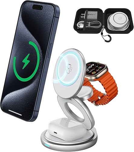 Estación de carga 3 en 1 para Apple Magsafe cargador de viaje para múltiples dispositivos, cargador inalámbrico magnético plegable de aluminio con
