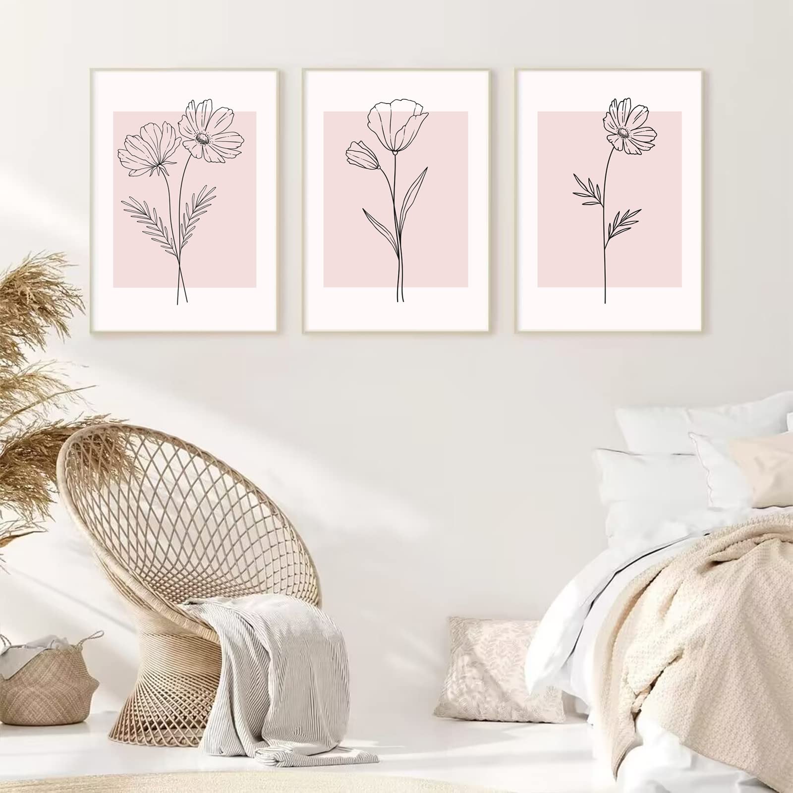 Baccone Pink Wall Art Pictures Decor Blush Pink Flower Canvas Painting Floral Botanical Wall Art Girl Room Poster Aesthetic Coquette Artwork for Bedroom Office Bathroom 16x24 Inch UNFRAMED set of 3