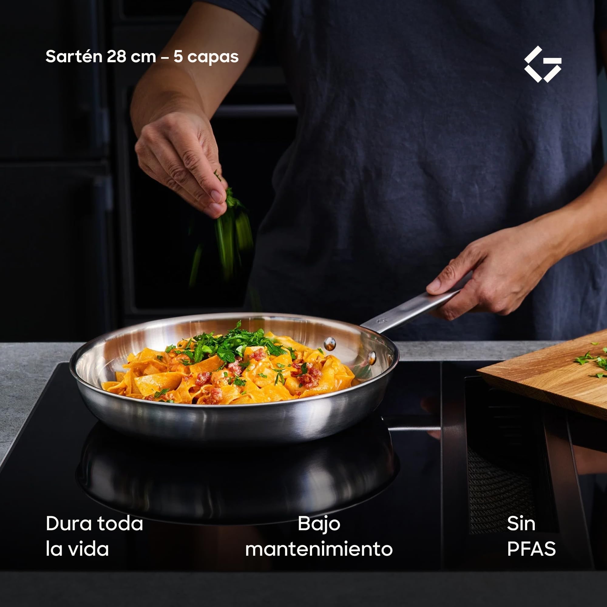 Gastrotools Sartén 28 cm 5 Capas de Acero Inoxidable con Núcleo Aluminio | Excelente conducción del calor | Cocción uniforme | Inducción, gas y horno | Sin revestimiento | Uso versátil