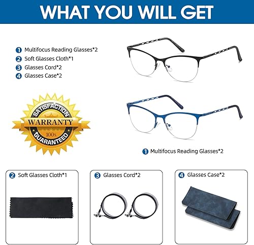 Miniatura 8 de Gafas de lectura multifocales para mujer, progresivas multifocales, luz azul, lector de computadora, ojo de gato, metal, medio marco, sin línea