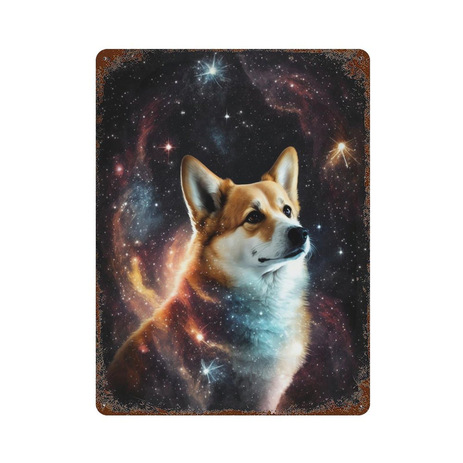 Vintage Rust Metal Sign with Cosmic Corgi Canvas Print-4 Design 15.7"x11.8", for Shed, Workshop And Garage Wall Decor, Retro Wall Decor