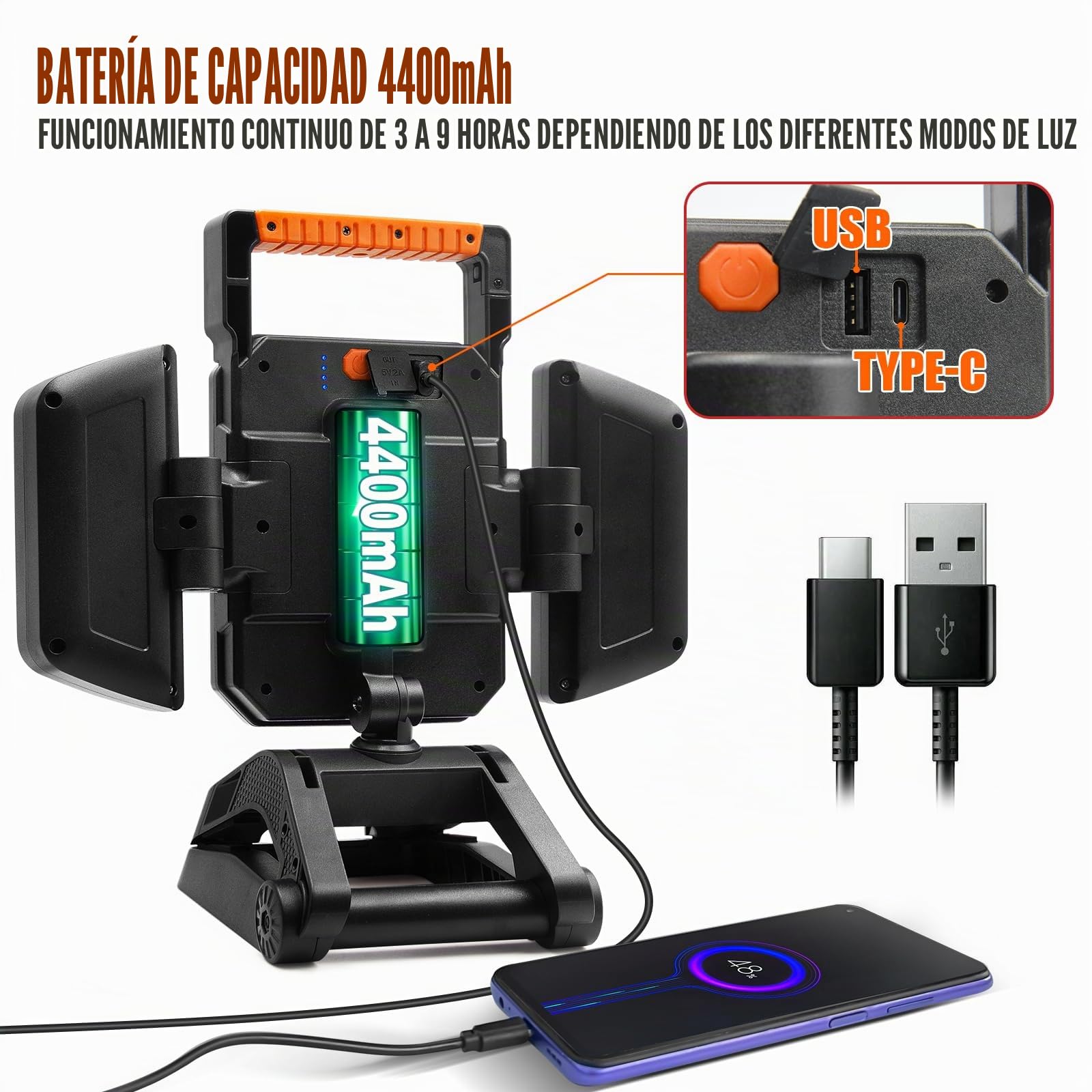 SYLSTAR Foco LED Recargable 40W 4000LM, Foco LED Batería con Pinza y Base Magnética, 360° Plegable con 5 Modos, Luz de Trabajo con Función Powerbank para Obra, Taller, Garaje y Camping