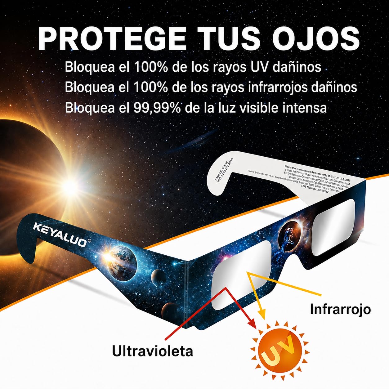 6/12/100 Gafas Eclipse Solar Homologadas,Certificado EN ISO 12312-2:2015(E) y CE,Aprobación AAS 2026,Gafas eclipse solar para visión directa del sol