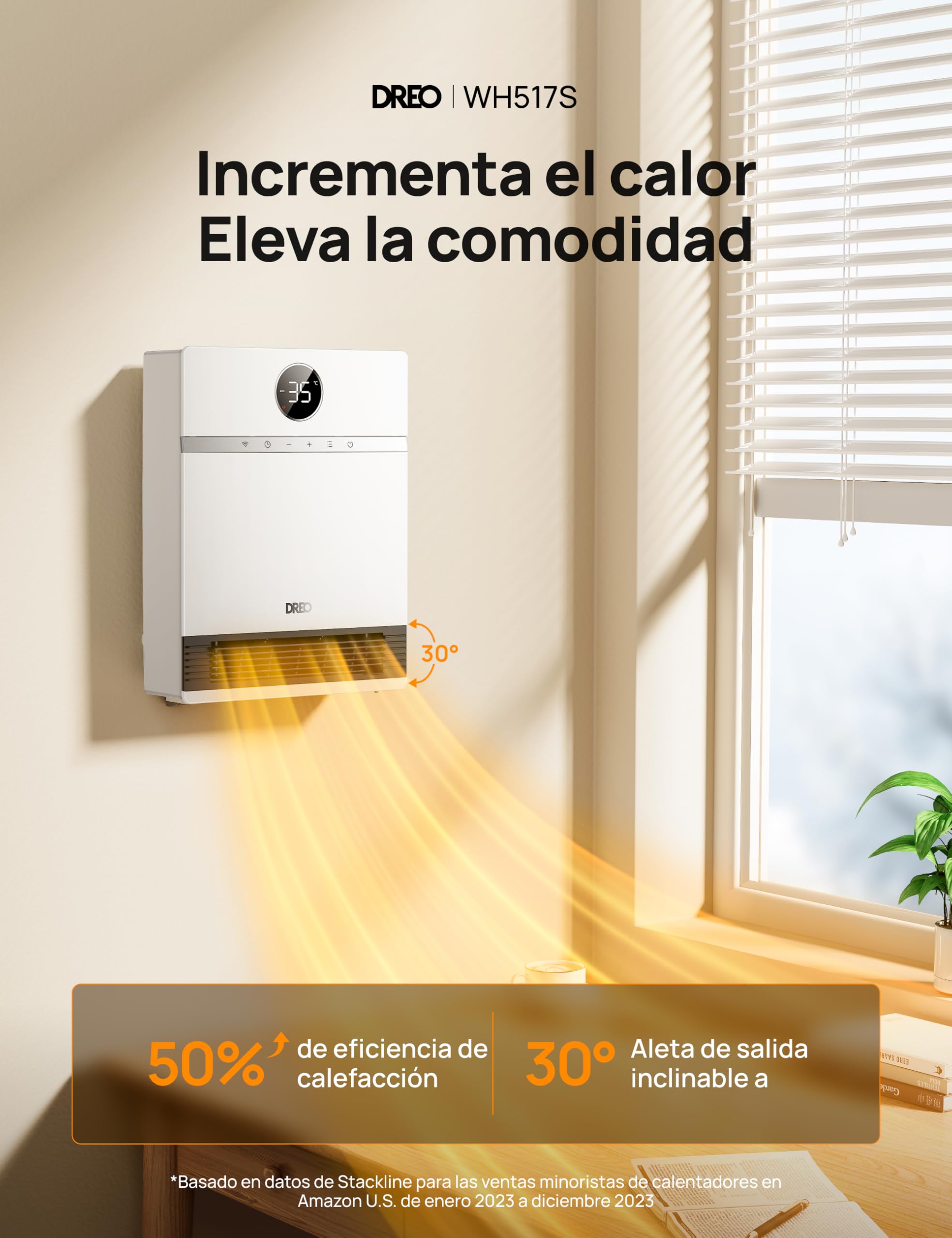 Dreo Inteligente Calefactor Bajo Consumo, Oscilación de 30°, 2000W Termoventilador Electrico, Calefactor Baño Pared, Termostato Ajustable, Control Remoto, 24H Temporizador, Instalación Sencilla, Alexa