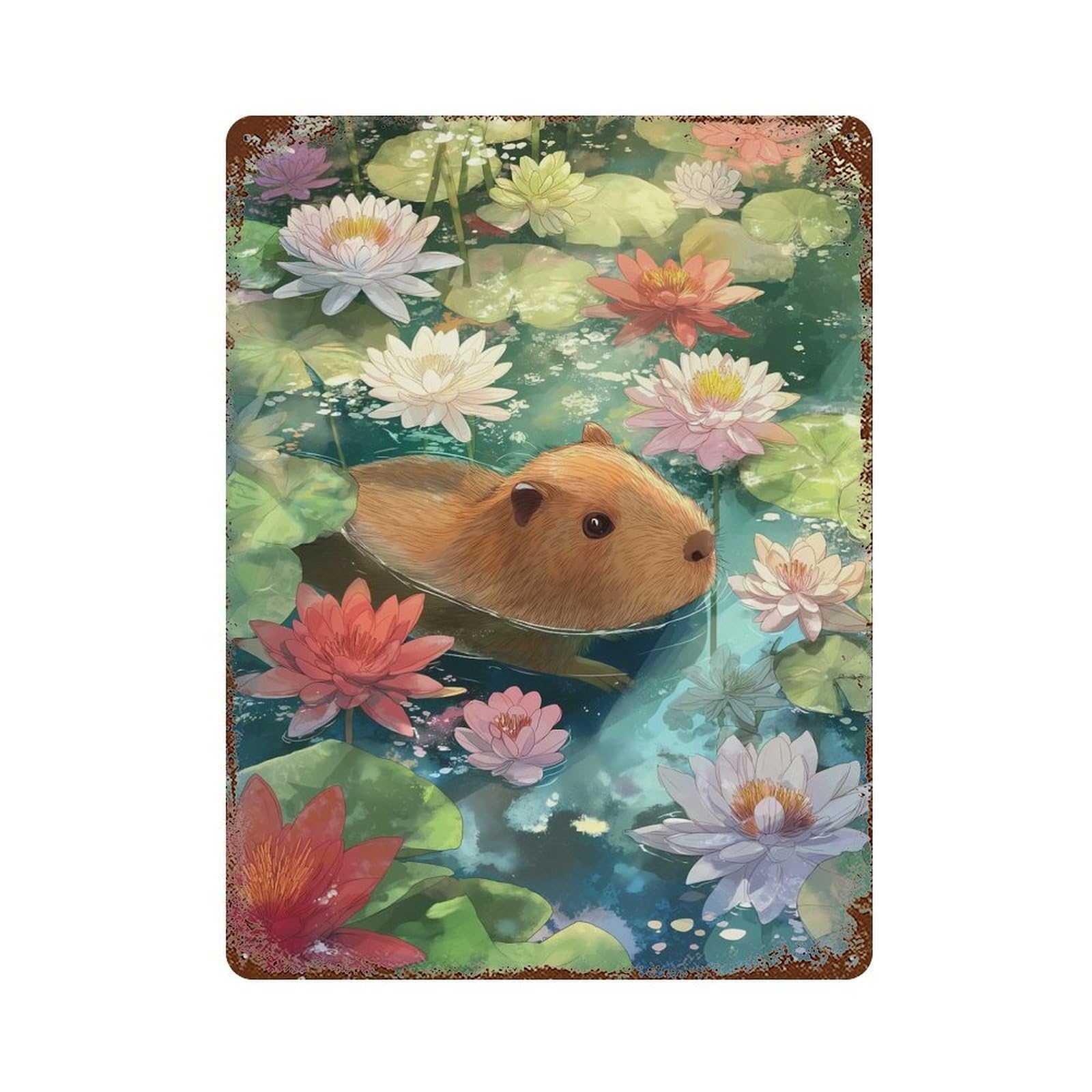 Distressed Metal Wall Sign Capybara in A Lily Pond 15.7"x11.8", Vintage Wall Decor for Garage, Bar And Workshop Decor