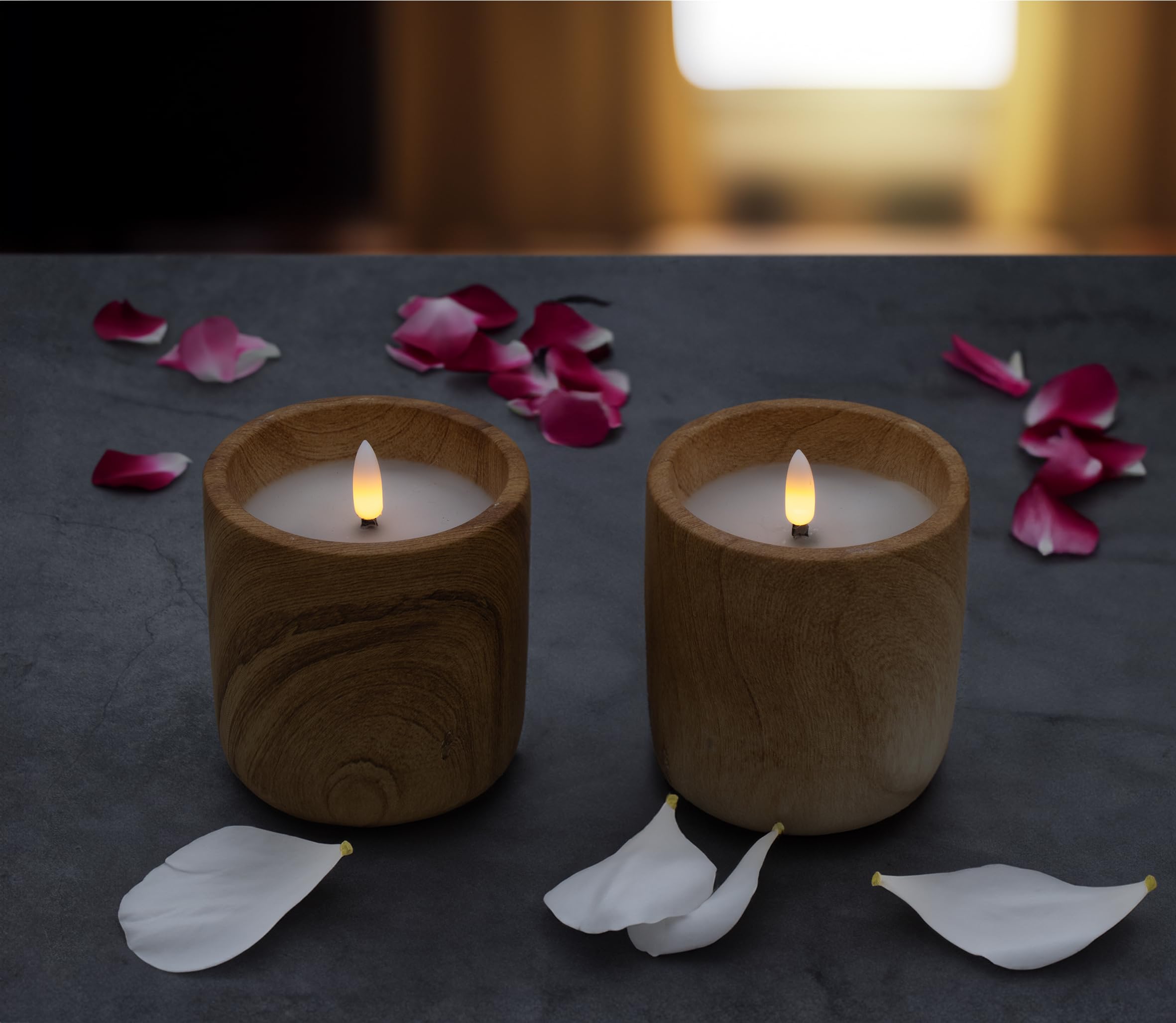 Spetebo Candela a LED in ceramica con effetto legno, 10 x 9 cm, set da 2 candele decorative alimentate a batteria con funzione timer, luce d'atmosfera decorativa con fiamma artificiale con effetto