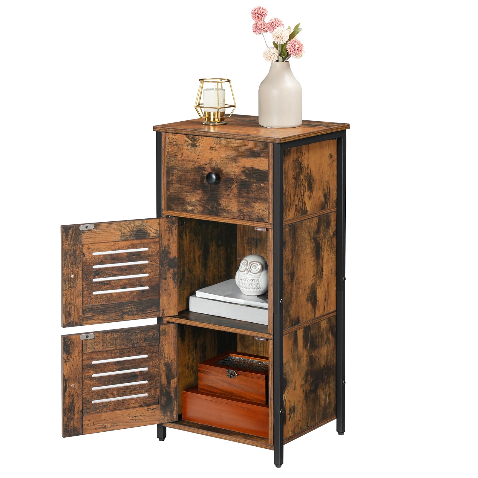 HOOBRO Beistellschrank mit Schublade, Kommode Schrank im Vintage-Stil, verstellbare Ablage, Kleiner Telefonschrank, für Wohnzimmer, Schlafzimmer, (30 x 34 x 75 cm) Dunkelbraun und Schwarz EBF15CW01G1
