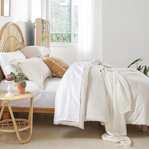 Miniatura 8 de weigelia Juego de edredón individual de 5 piezas beige en una bolsa, suave juego de ropa de cama Queen ligero para mujeres y hombres (edredones,