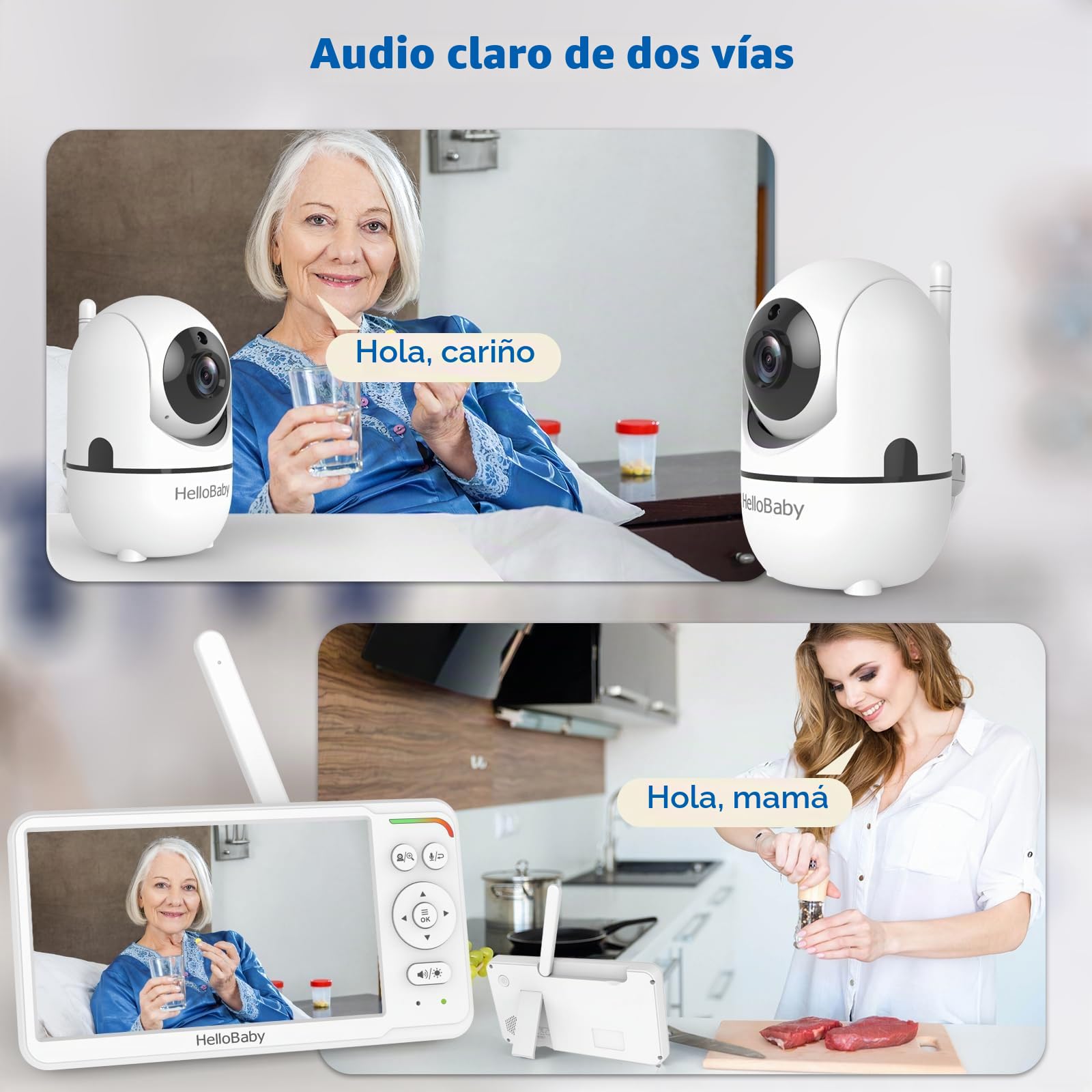 HelloBaby Monitor de Bebé con Pantalla IPS de 6", Sin WiFi, Batería 30h, Pan-Tilt 355°, Visión Nocturna Alcance 1000 Pies, Portátil con Alerta de Temperatura, Canciones de Cuna y Modo VOX