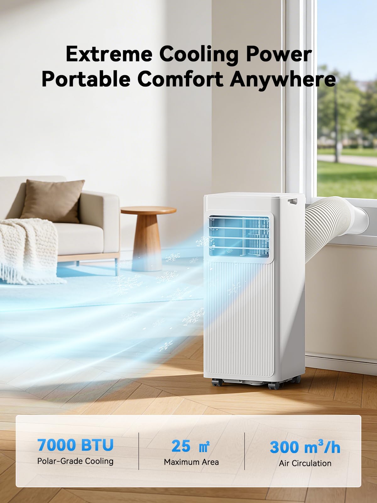 Mobiles Klimagerät 7000 BTU, 4-in-1 Mobile Klimaanlage mit Abluftschlauch & 4m Fensterabdichtung, Ohne Bohren (für Kipp- & Dachfenster), Kühlen & Entfeuchten für Räume bis 25m², Alpinweiß