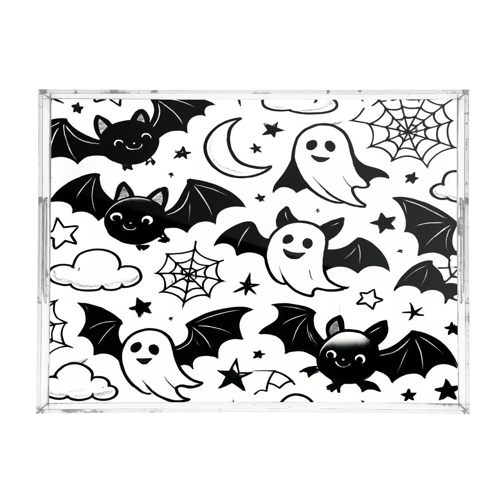 BOESI Halloween Ghosts and Bats Acrylic Decorative Dining Tray, Acrylic Decorative Tray Organizer with Handle for Kitchen, Dining Room, Bathroom, Dresser