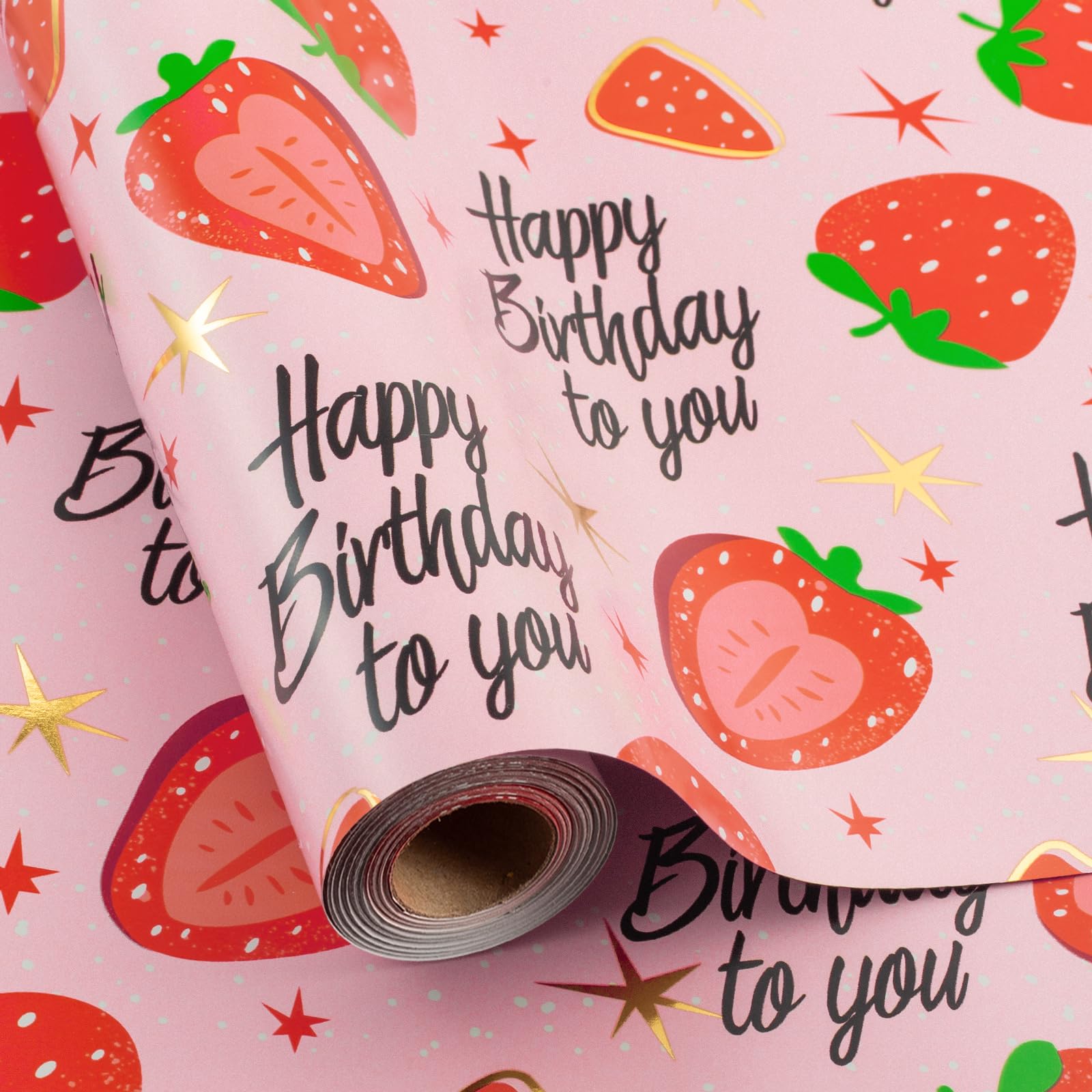 Wikadlik Strawberry Wrapping Paper Roll, 43cm x 10m Black Happy Birthday Lettering Design Pink Gift Wrap Paper for Girl Birthday Party Celebration — image 1