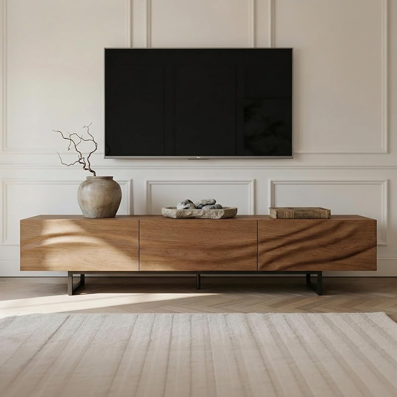 80 Inch Mid Century Modern TV Stand, Walnut Entertainment Center with Unique Wave-Shaped Design, Storage & Drawers, Long Media Console for Living Room & Small Space