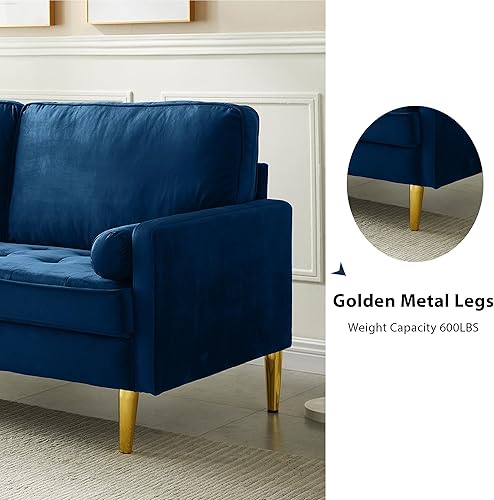 Miniatura 4 de Sofá biplaza de terciopelo, 66.9 pulgadas, asientos pequeños modernos de mediados de siglo con 2 almohadas y patas doradas, cómodo sofá para sala de