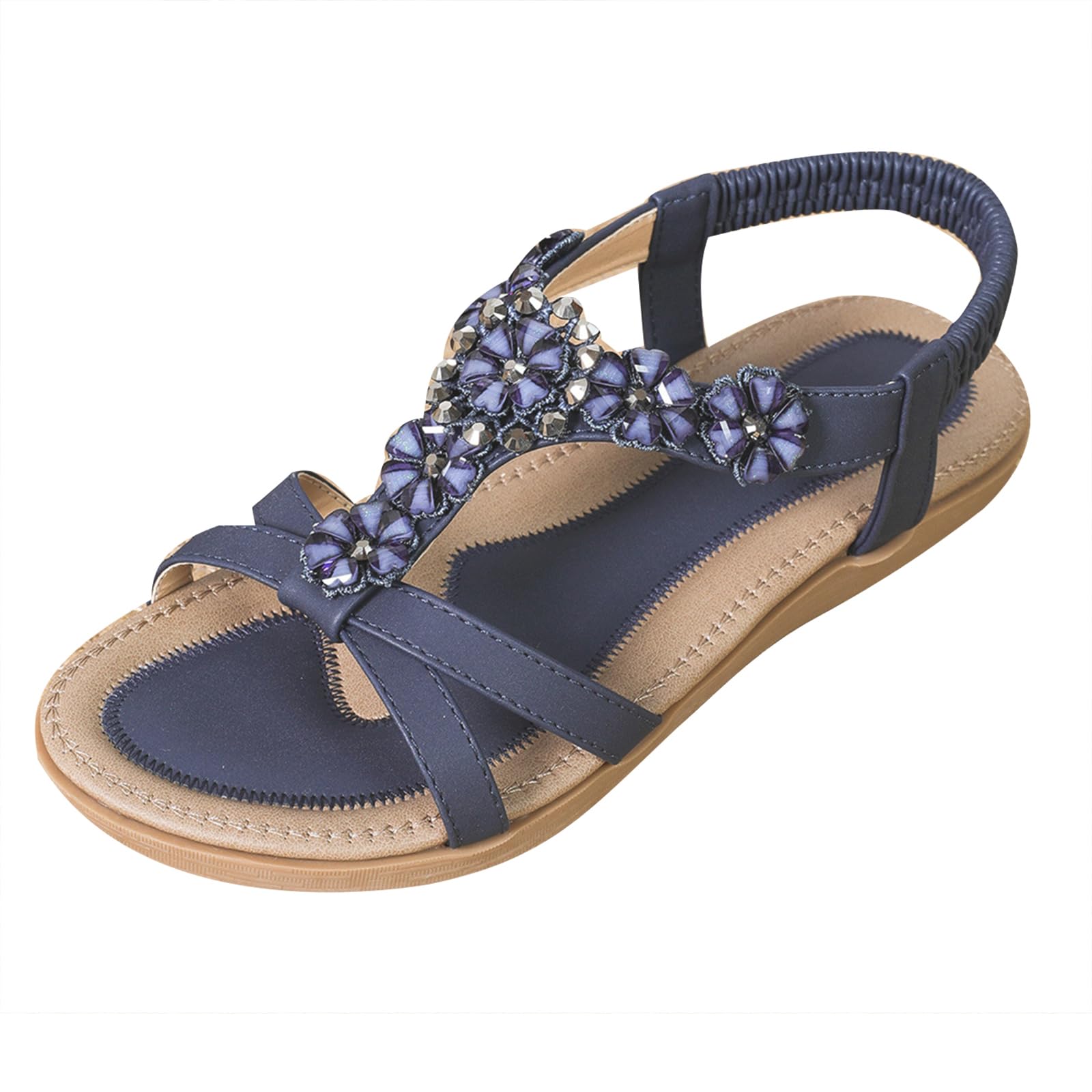 YOUNIFIZ Flat Sandals For Women Dressy Walking Comfortable Shoes With Rhinestone Elastic Strap Summer Vacation