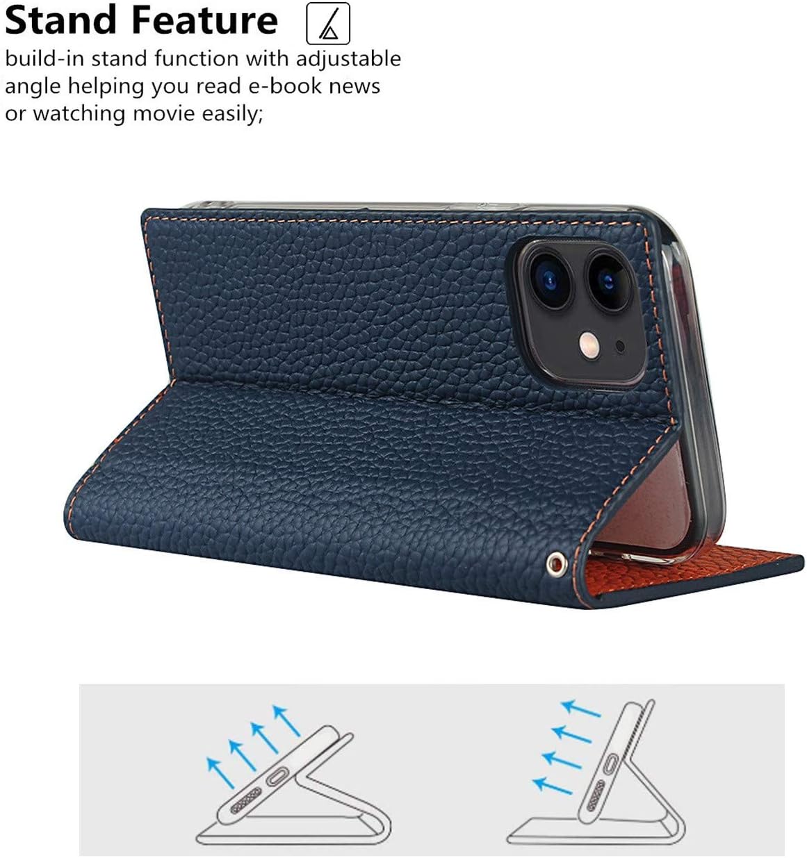 iCoverCase Compatible with iPhone 12 Mini Wallet Case, RFID Blocking Genuine Leather Magnetic Case with Wrist Strap and Card Slots Kickstand Feature Flip Cover 5.4 Inch (Navy Blue)