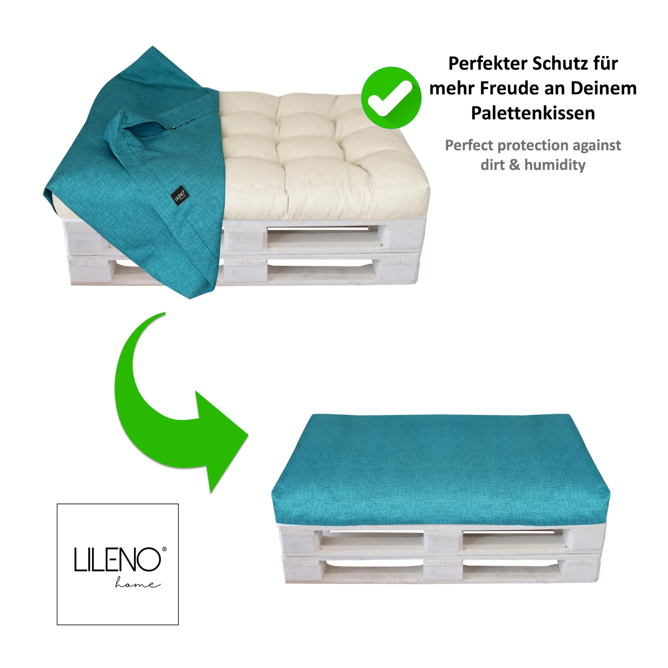 LILENO HOME Housse rembourrée pour palette européenne - Housse extérieure pour meubles en palettes - Housse de rechange pour siège de 120 x 80 x 16-20 cm - Aqua