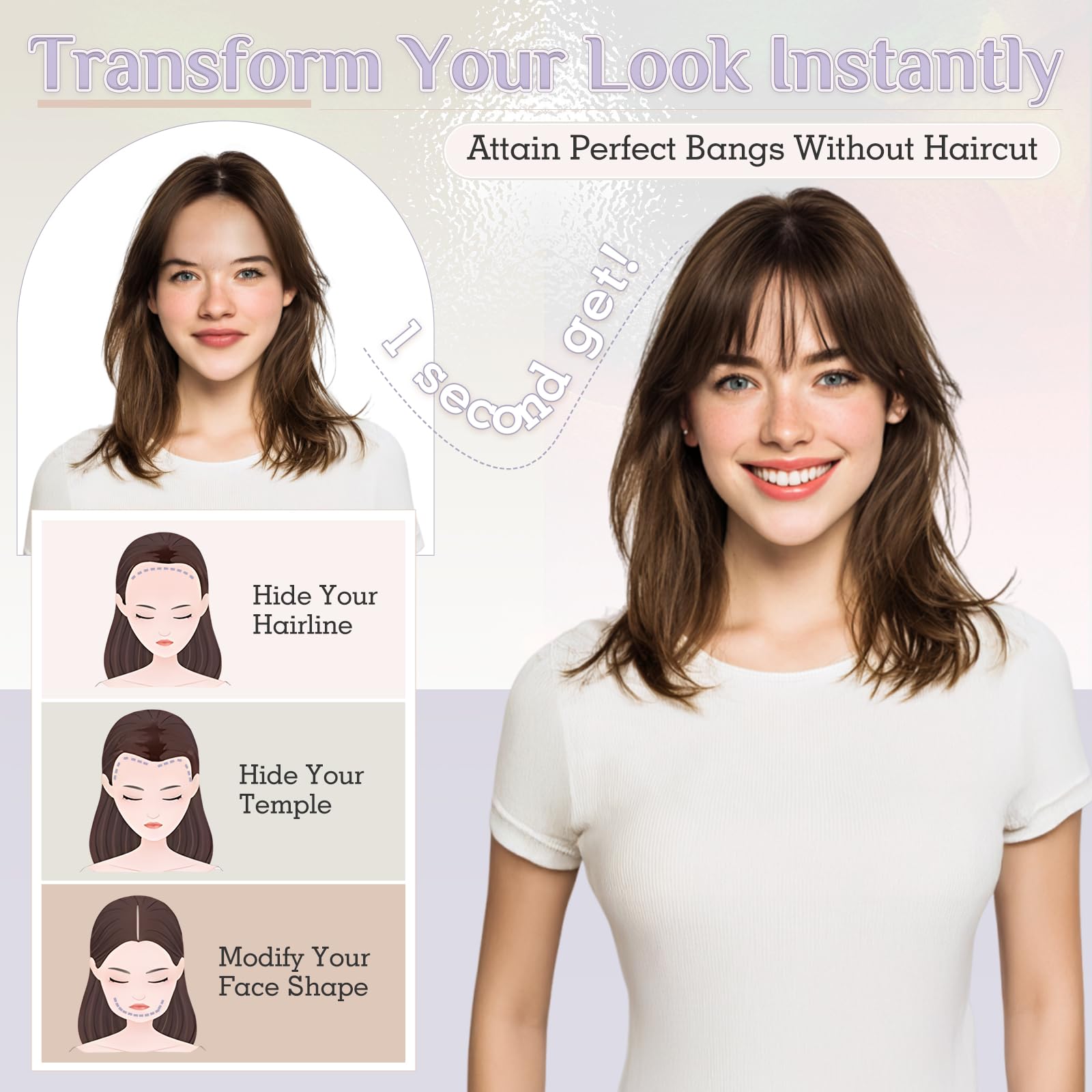 Elailite Clip in Fringe Human Hair Wispy French Bangs Real Hair Lace Base 360°Cover Top HairPieces 5 Inch - #02 Dark Brown - Image 2
