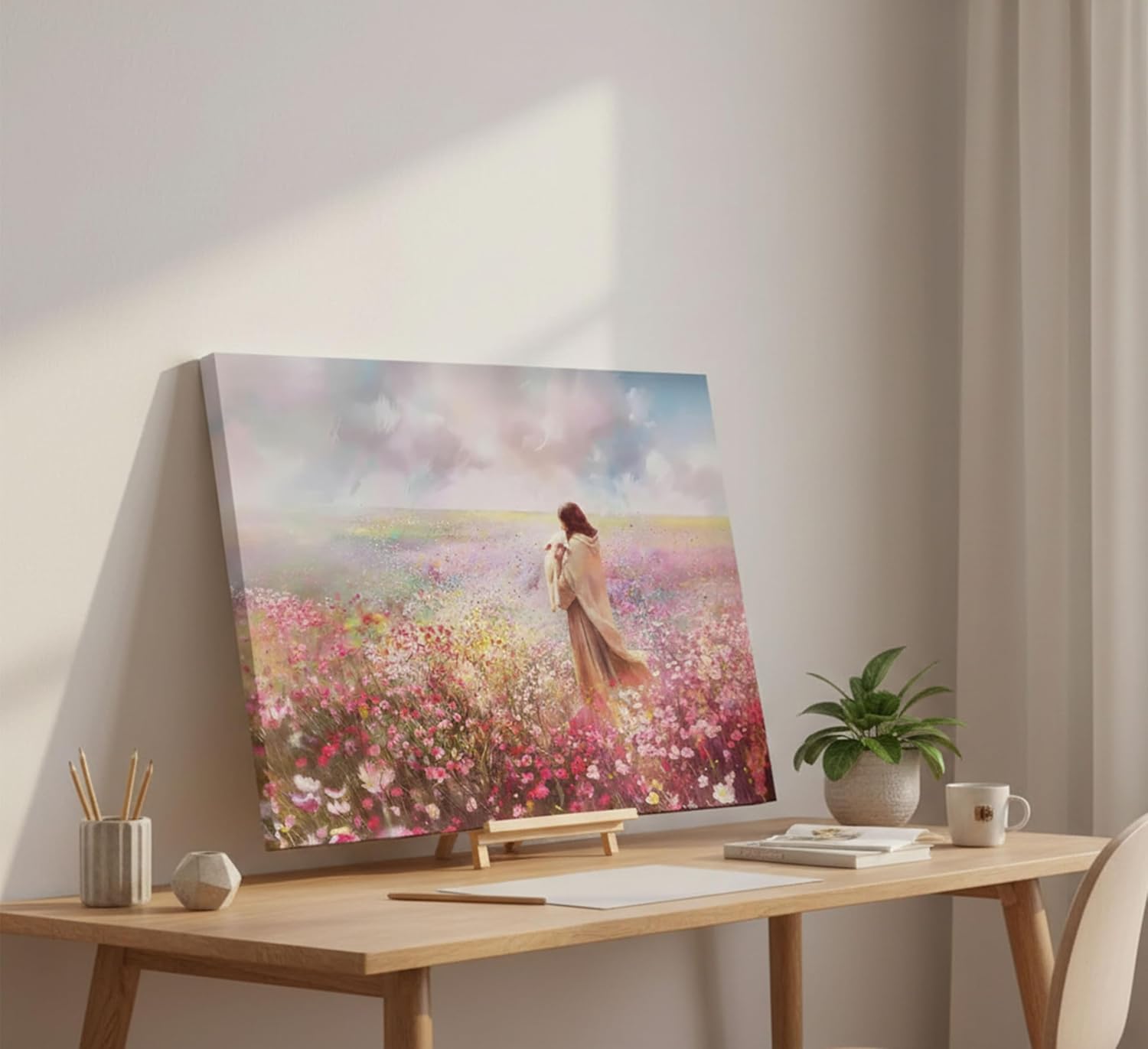 Jesus and Lamb Canvas Wall Art The Lost Lamb Parable Christian Painting Picture Wall Decor God Religious Belief Poster Print Artwork for Church Bedroom Living Room Home Decoration,24x16in Canvas