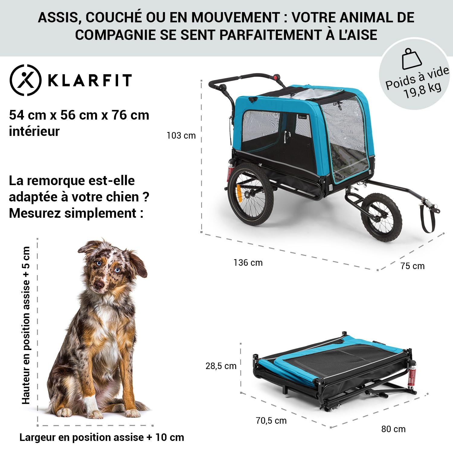 Klarfit Remorque Velo Chien 2-en-1, Remorque à Vélo pour Chien Poussette, Chariot Transport Chiens, Toile Oxford, 250L, 40kg