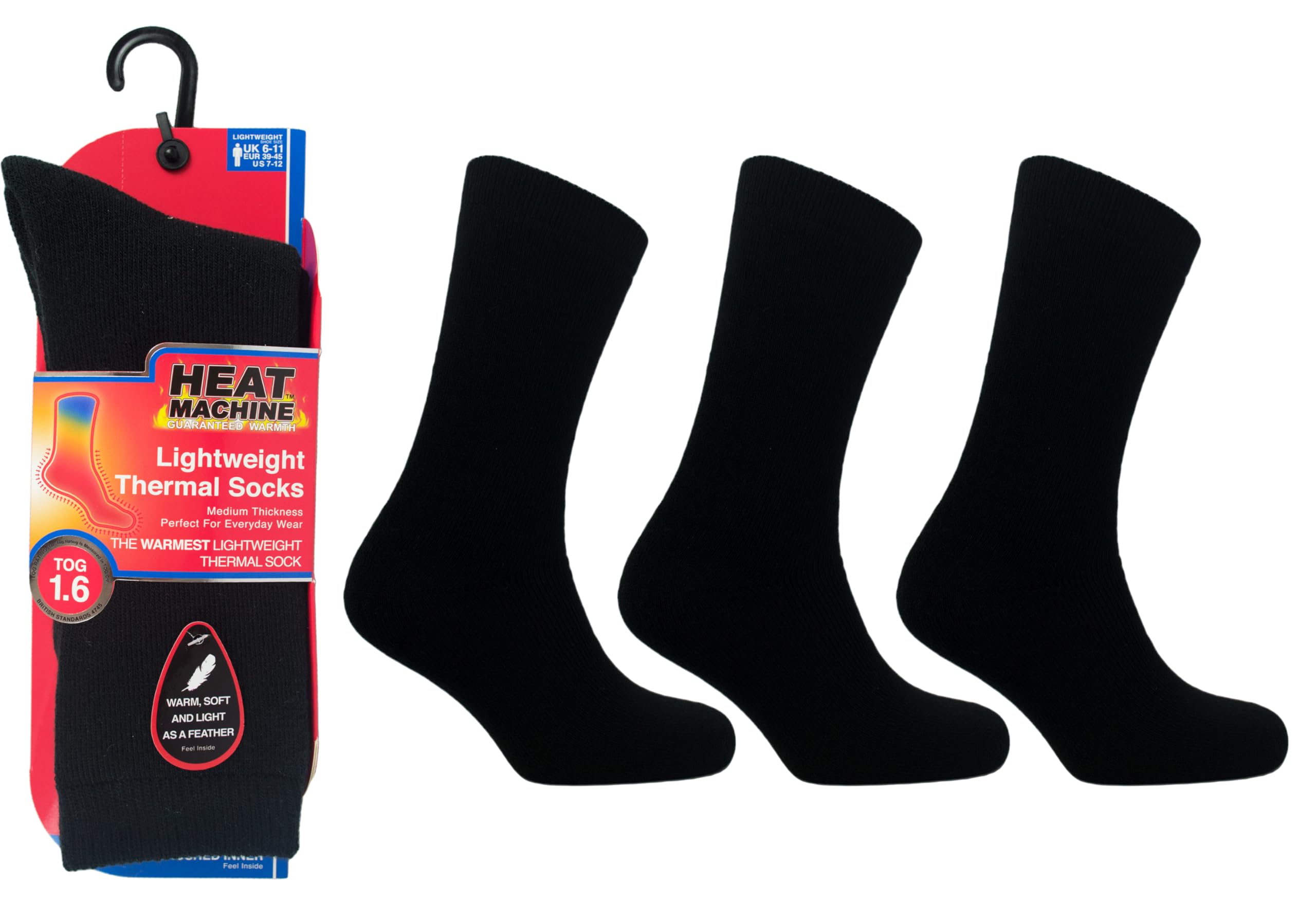 Heat Machine Men's Black Thermal Lite | 3 Pairs | 1.6 Tog Lightweight Winter Socks | Warm Everyday Thermal Boot Lounge Dress Socks (Uk, Numeric, 6, 11, Regular, Regular, )