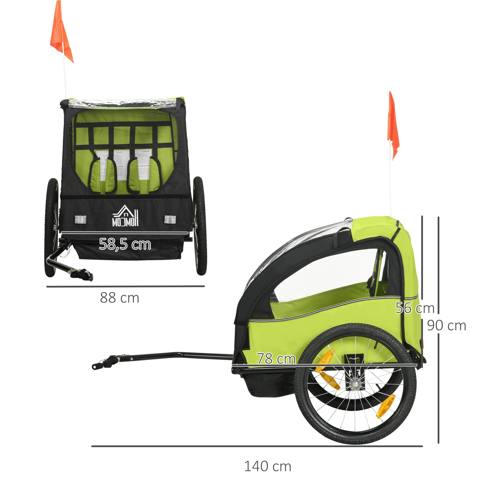 HOMCOM Rimorchio per bicicletta per bambini dai 18 mesi in su, 2 posti, con cintura di sicurezza, vano portaoggetti e sistema ammortizzatore, 140 x 88 x 90 cm, verde