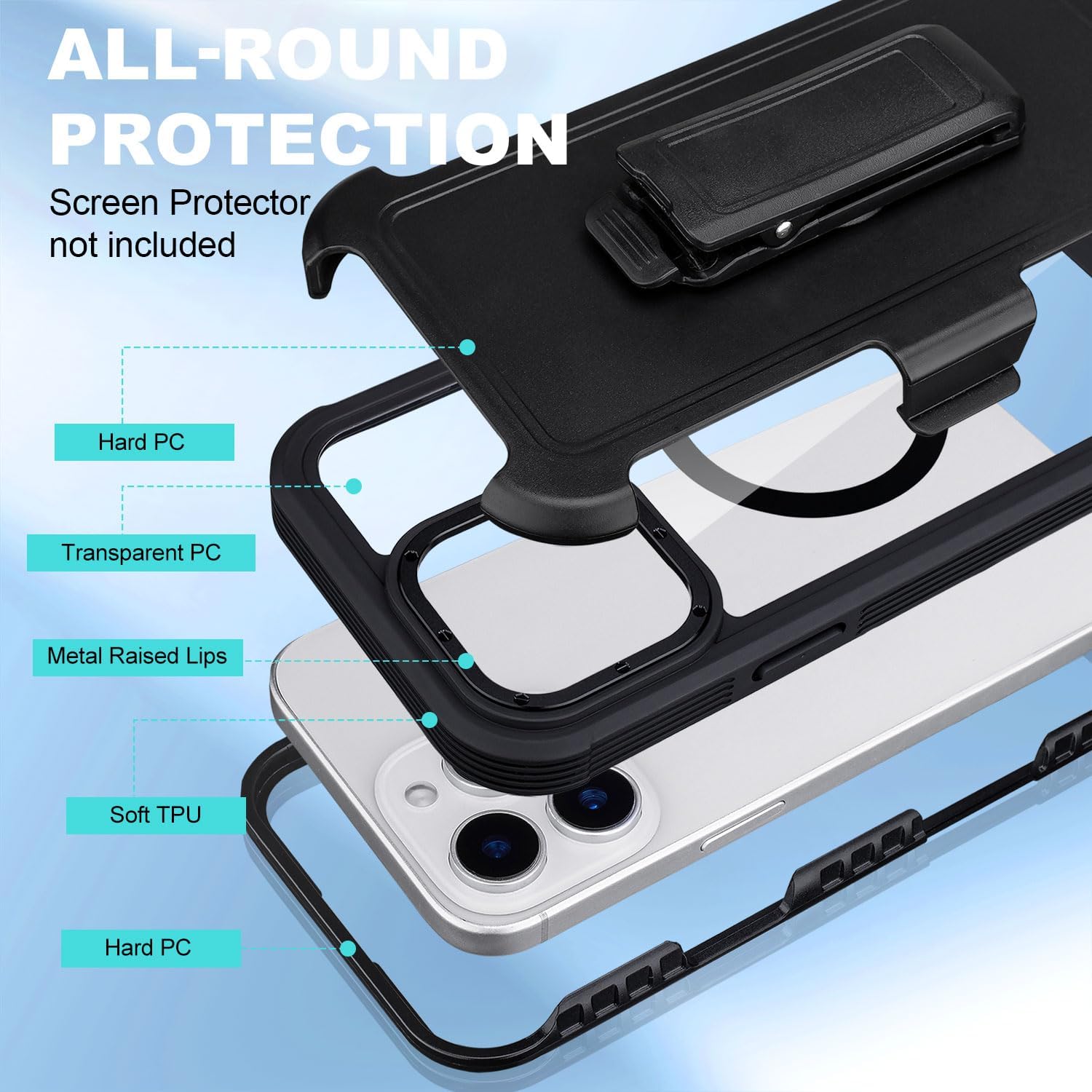 Defender for Clear iPhone 13 Pro Max Case with Belt Clip Holster, Compatible with MagSafe, Anti-Yellowing, Full-Body Phone Cover for iPhone 13 Pro Max Case (Clear & Black) - Image 5