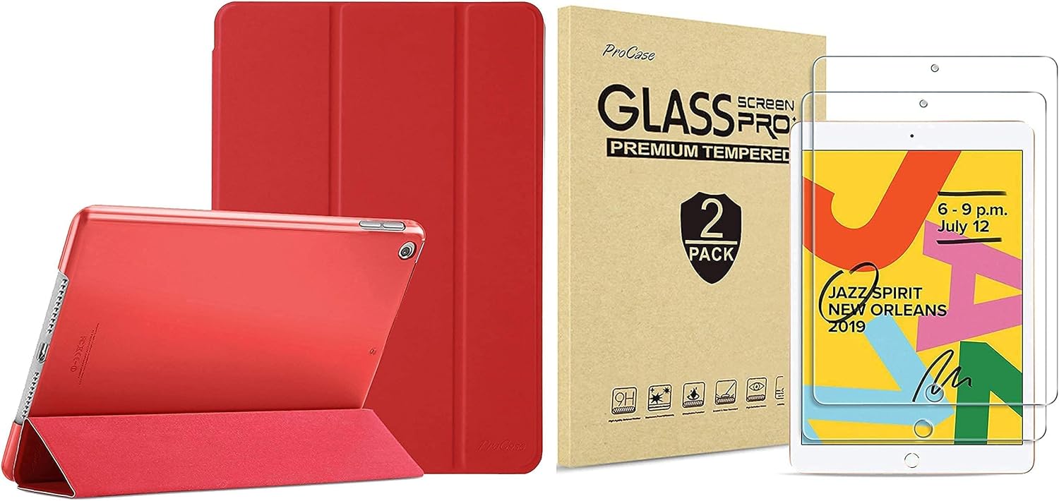 ProCase iPad 10.2 Case 2019 iPad 7th Generation Case (Red) Bundle with 2 Pack iPad 10.2 7th Gen Tempered Glass Screen Protector
