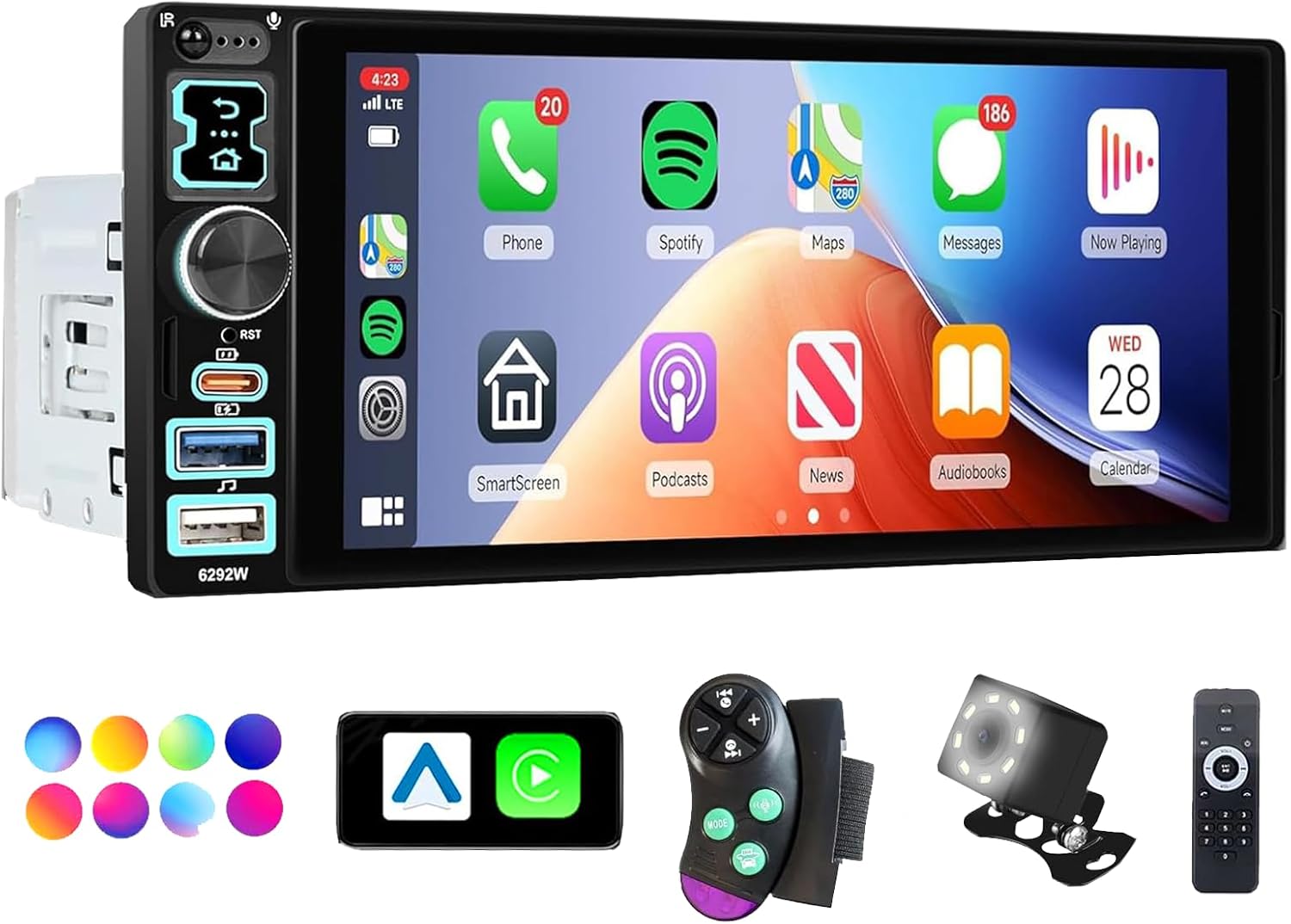 6" Single DIN Car Stereo, Apple CarPlay & Android Auto, IPS Touchscreen, Bluetooth Hands-Free, Mirror Link, HD Waterproof Backup Camera, FM/AM Radio, USB/Type-C, 10-Band EQ Multimedia Receiver