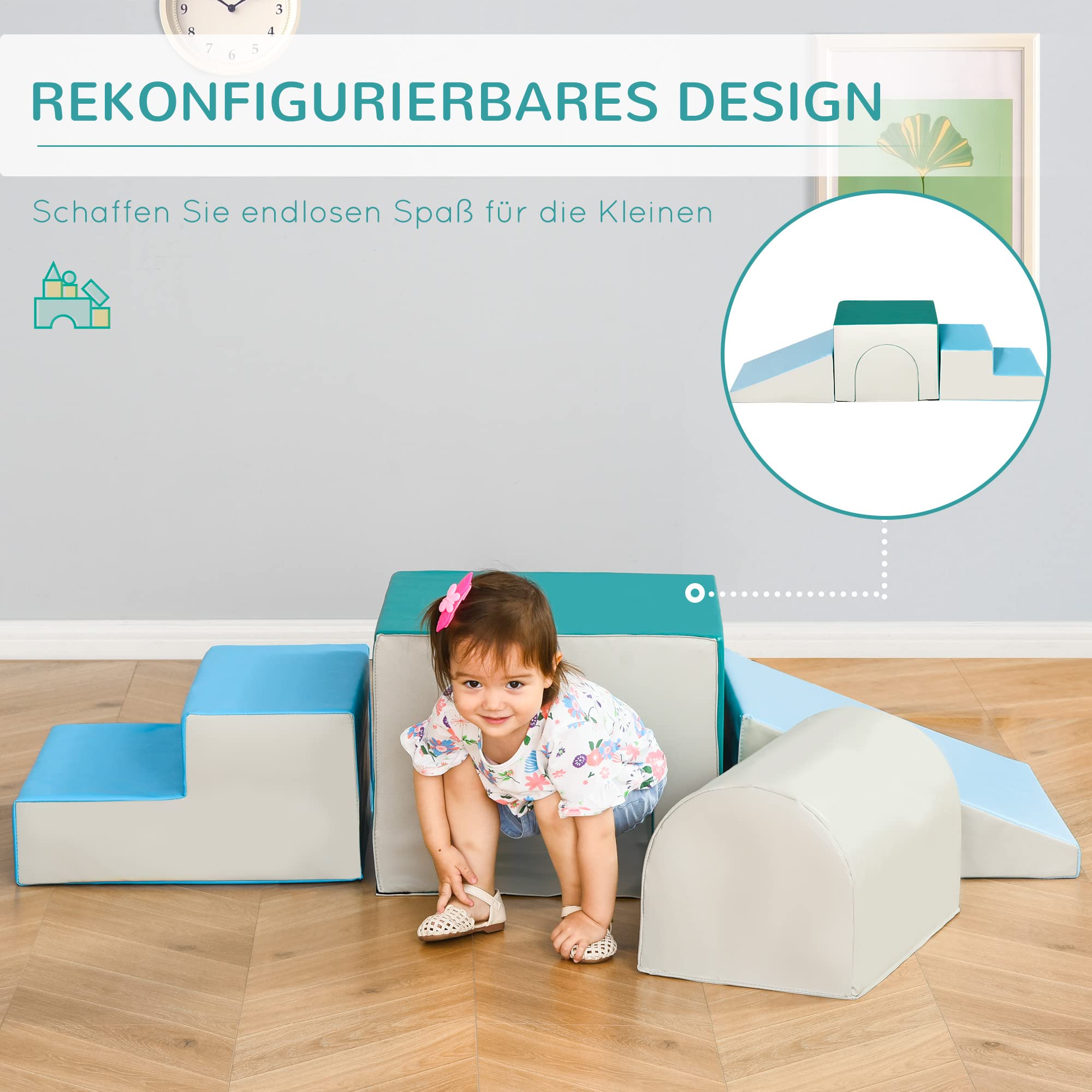 HOMCOM 4 TLG. Schaumstoff Bausteine Kinder Softbausteine Klettern Bauklötze Weiche Schaumstoffbausteine Riesenbausteine Bauspielzeug Grossbausteine Bausteinset für Baby & Kleinkinder Hellgrau