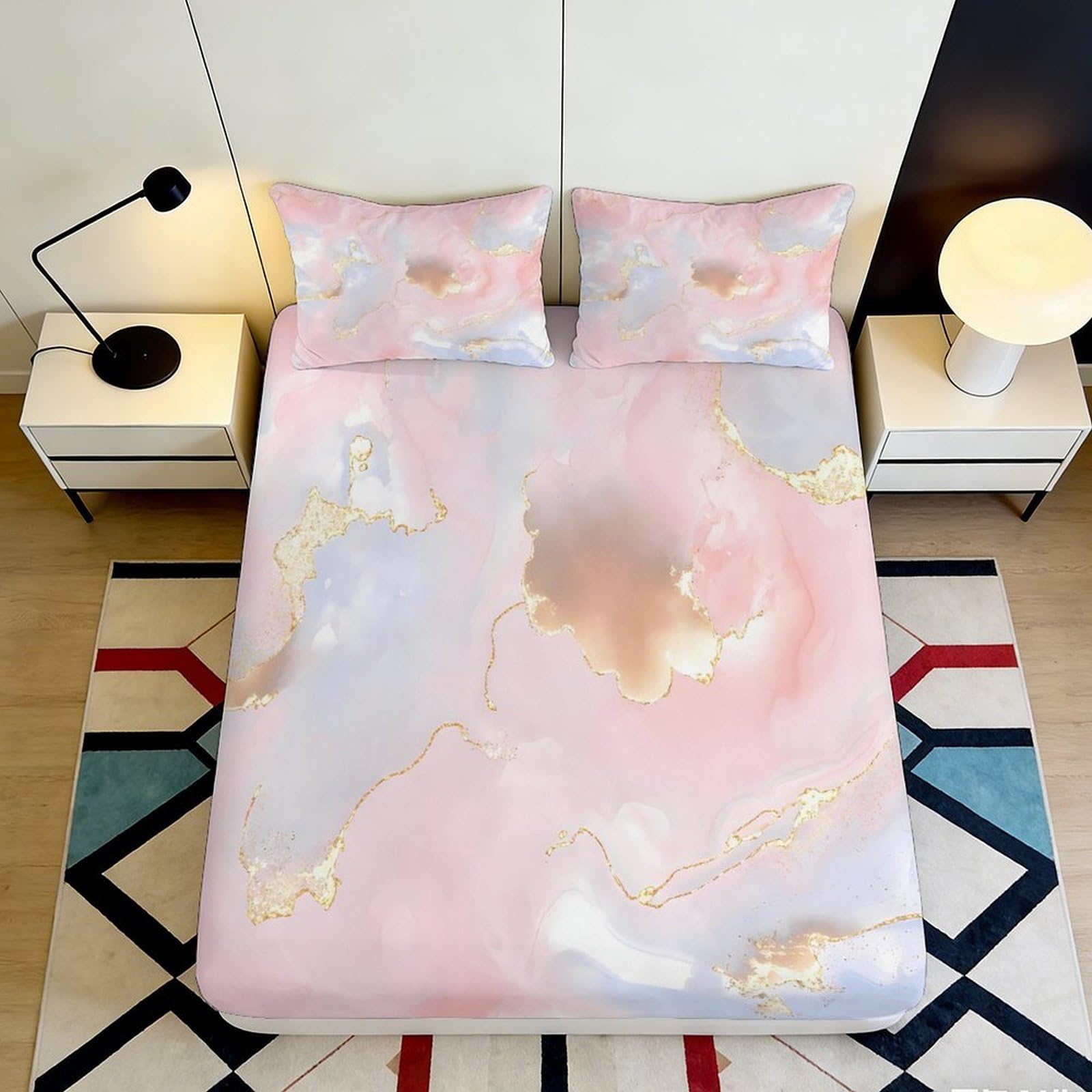 3D Printed Pink Marble Fitted Sheet Microfiber Soft Breathable Gold Vein Bed Sheet for Bedroom Dormitory Guest Room Mattress Protection Decor 120x200x25cm