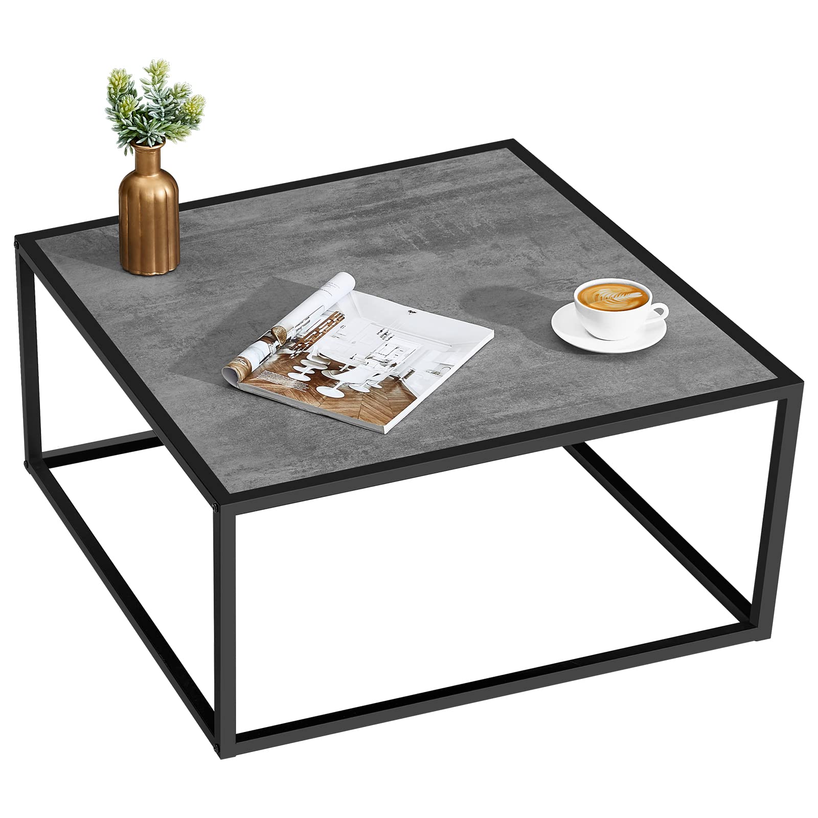 SAYGOER Square Coffee Table Modern Coffee Tables for Small Space Low Center Table for Living Room Office, Wood Top with Metal Frames, Gray Wood